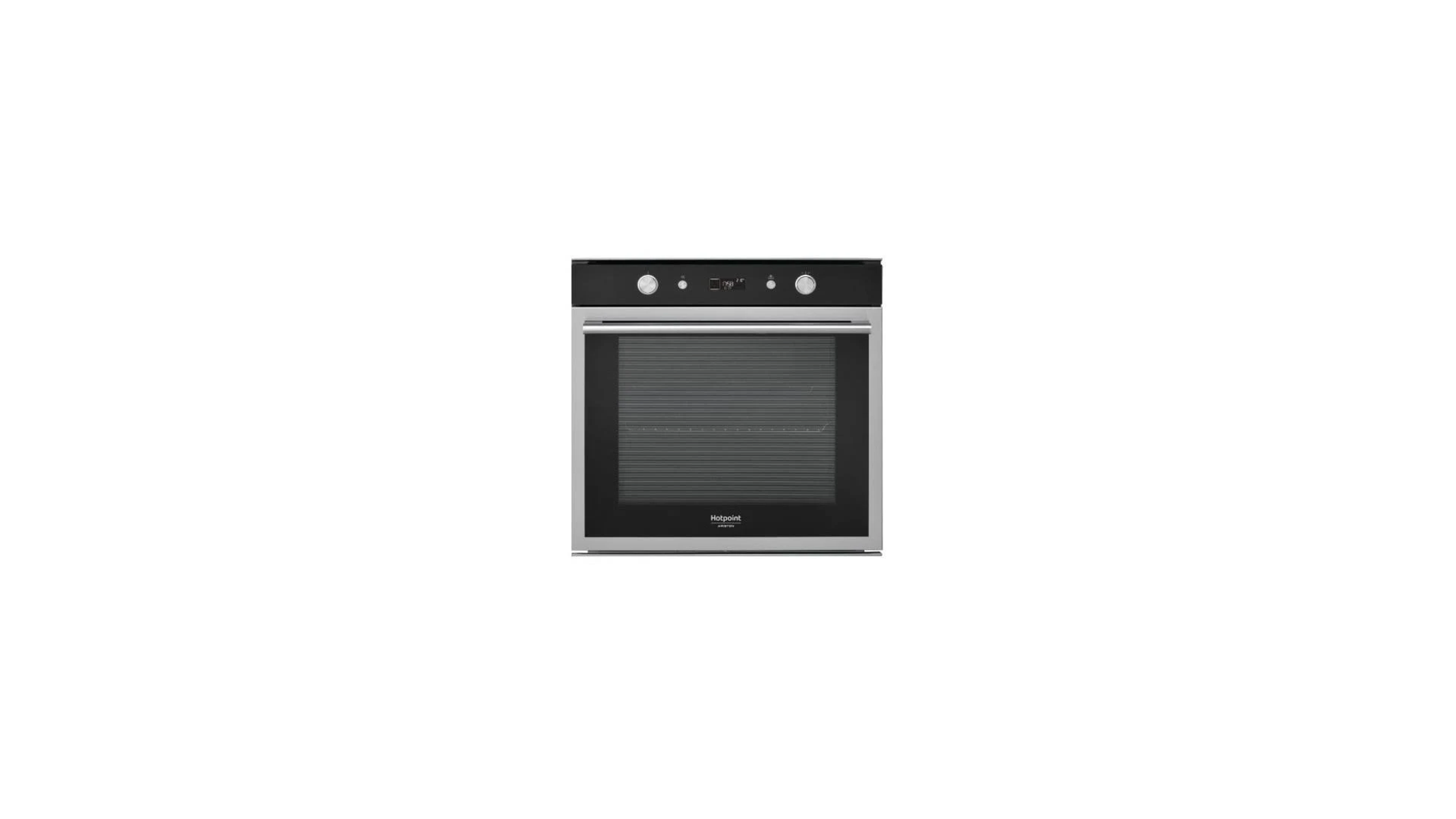 Horno empotrado con puerta negra, borde de acero inoxidable y pantalla digital en la parte superior.