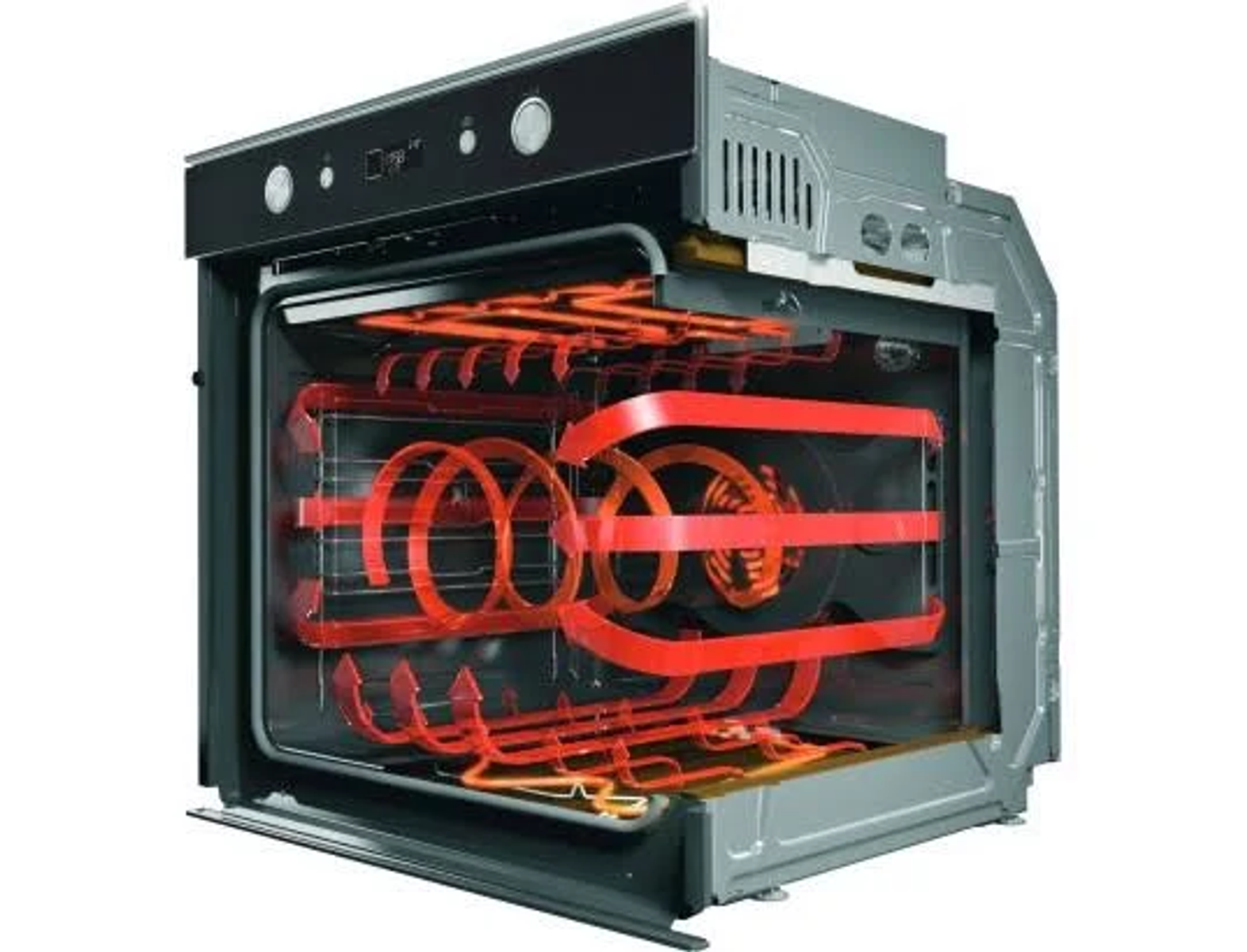 Corte transversal de un horno que muestra los elementos calefactores. Elementos calefactores rojos visibles.