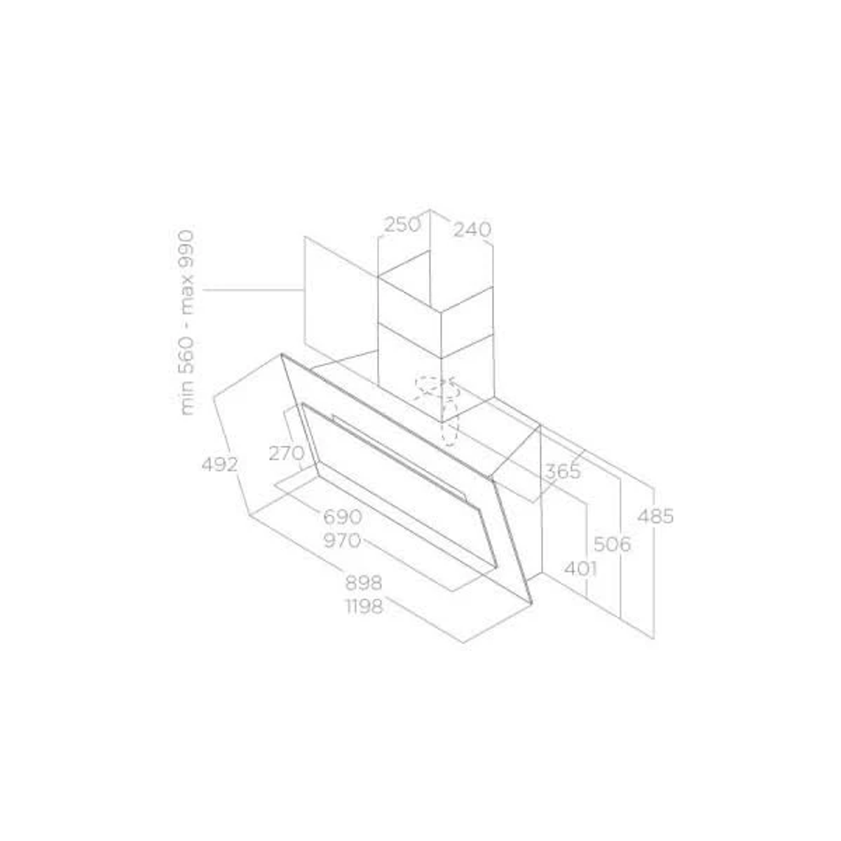 Disegno tecnico di una cappa da cucina con dimensioni ed etichette.