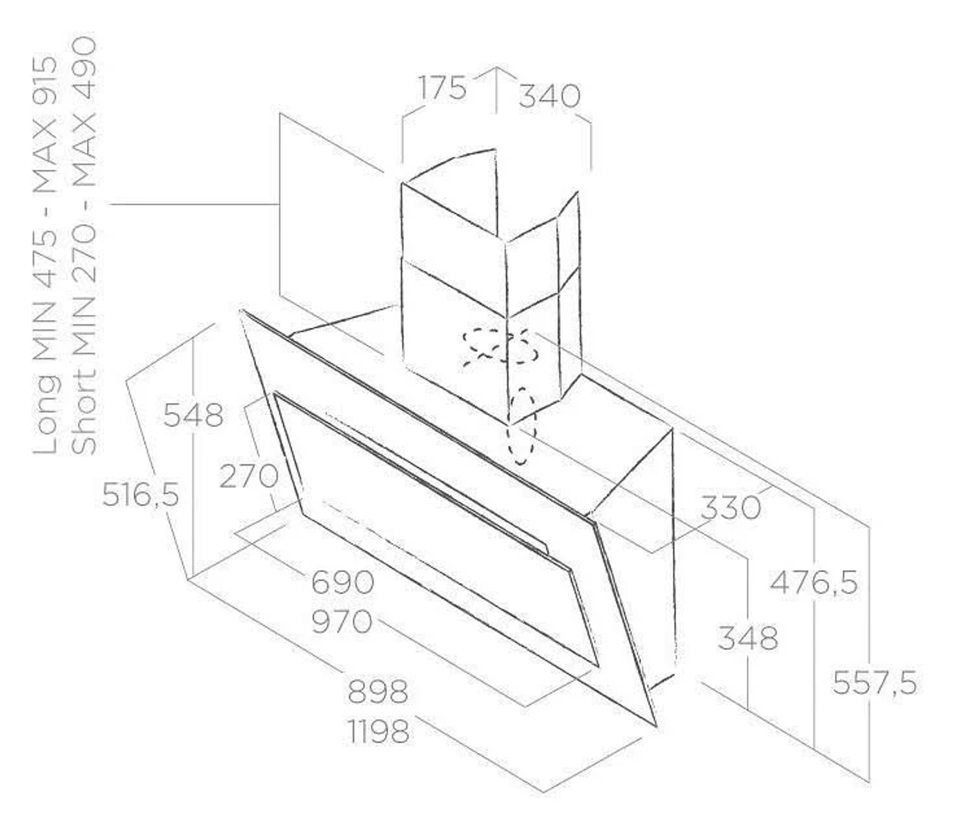 Disegno isometrico di una cappa da cucina con dimensioni in millimetri.