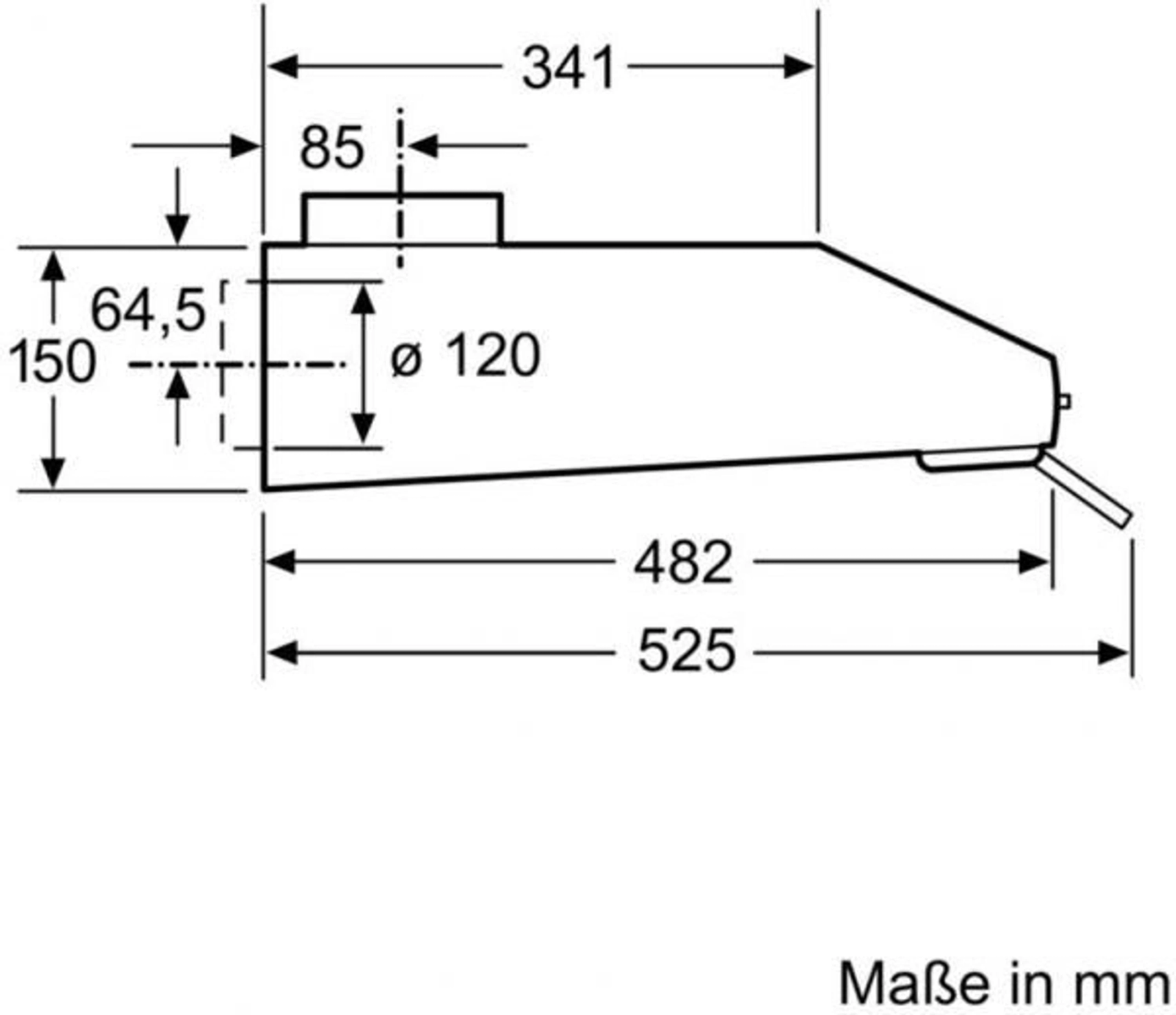 Un diagramma con le dimensioni di una cappa, che mostra le viste dall'alto e laterali.