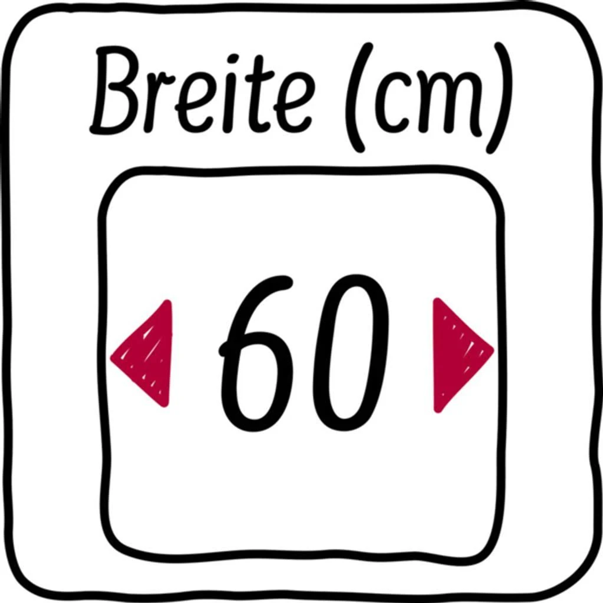 Un quadrato bianco con testo 'Breite (cm)' e il numero '60' con frecce.