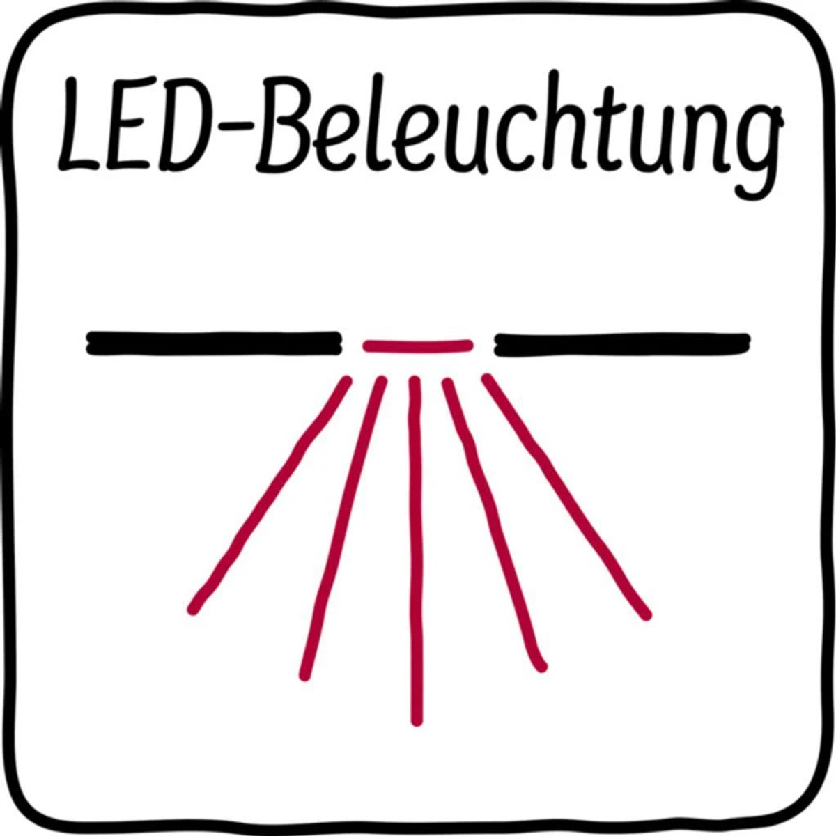 Icona dell'illuminazione a LED. Barre nere con linee rosse che irradiano verso il basso, indicando l'emissione di luce.