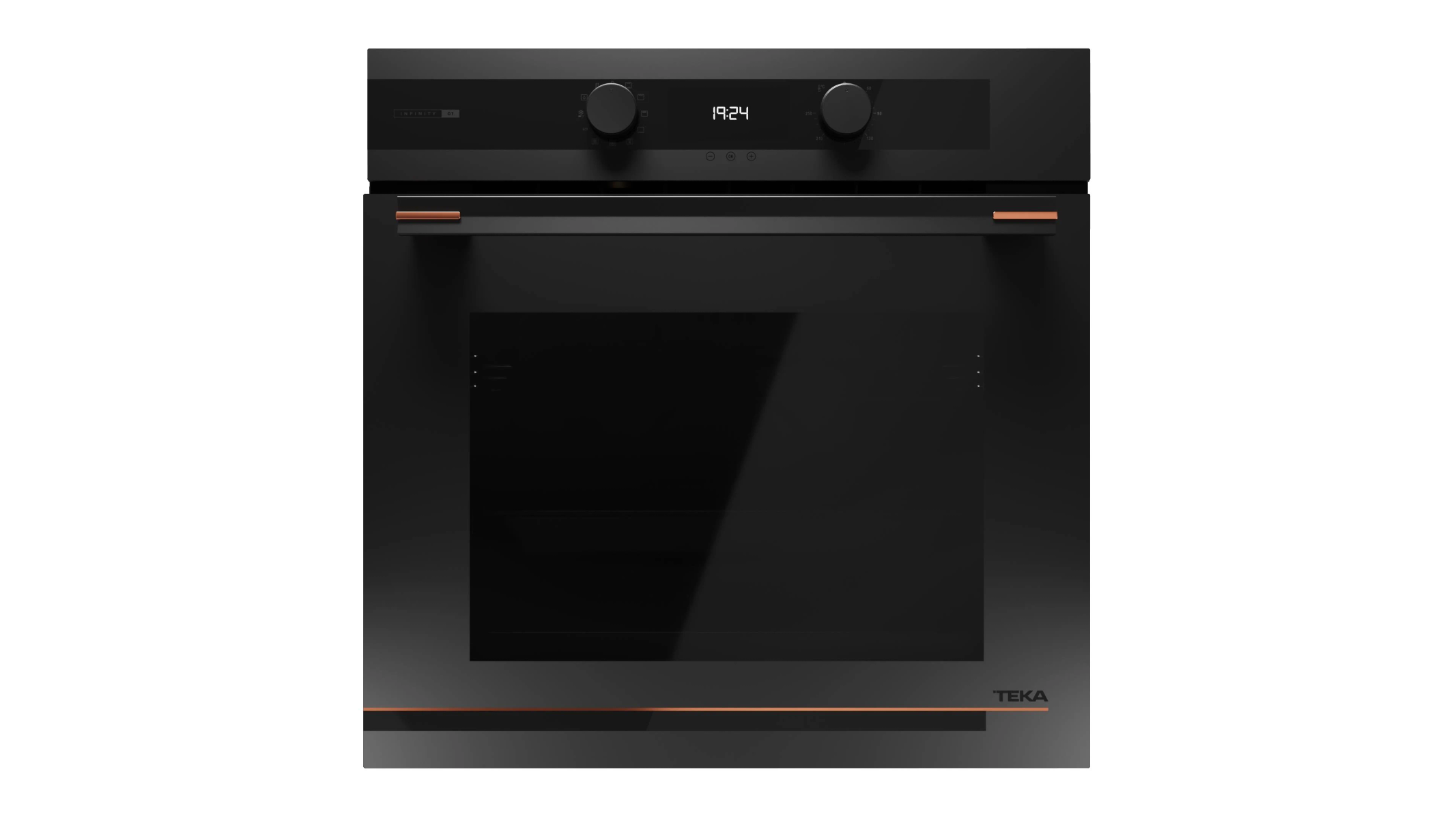 Horno Teka negro con controles, asa y logo, sobre fondo blanco.