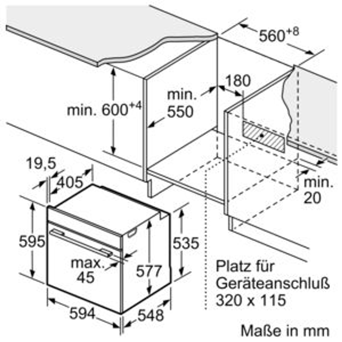 Diagramma di un forno con dimensioni e dettagli di installazione in mm.