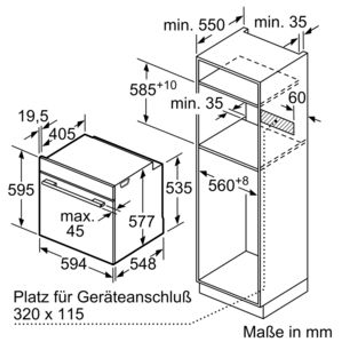 Disegno tecnico di un forno a incasso, con dimensioni e requisiti di spazio in millimetri.