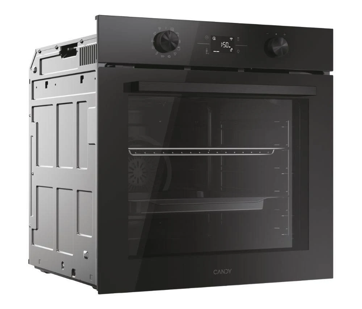 Horno negro con puerta de vidrio, logo Candy. Perillas y pantalla arriba. El lado es metal.