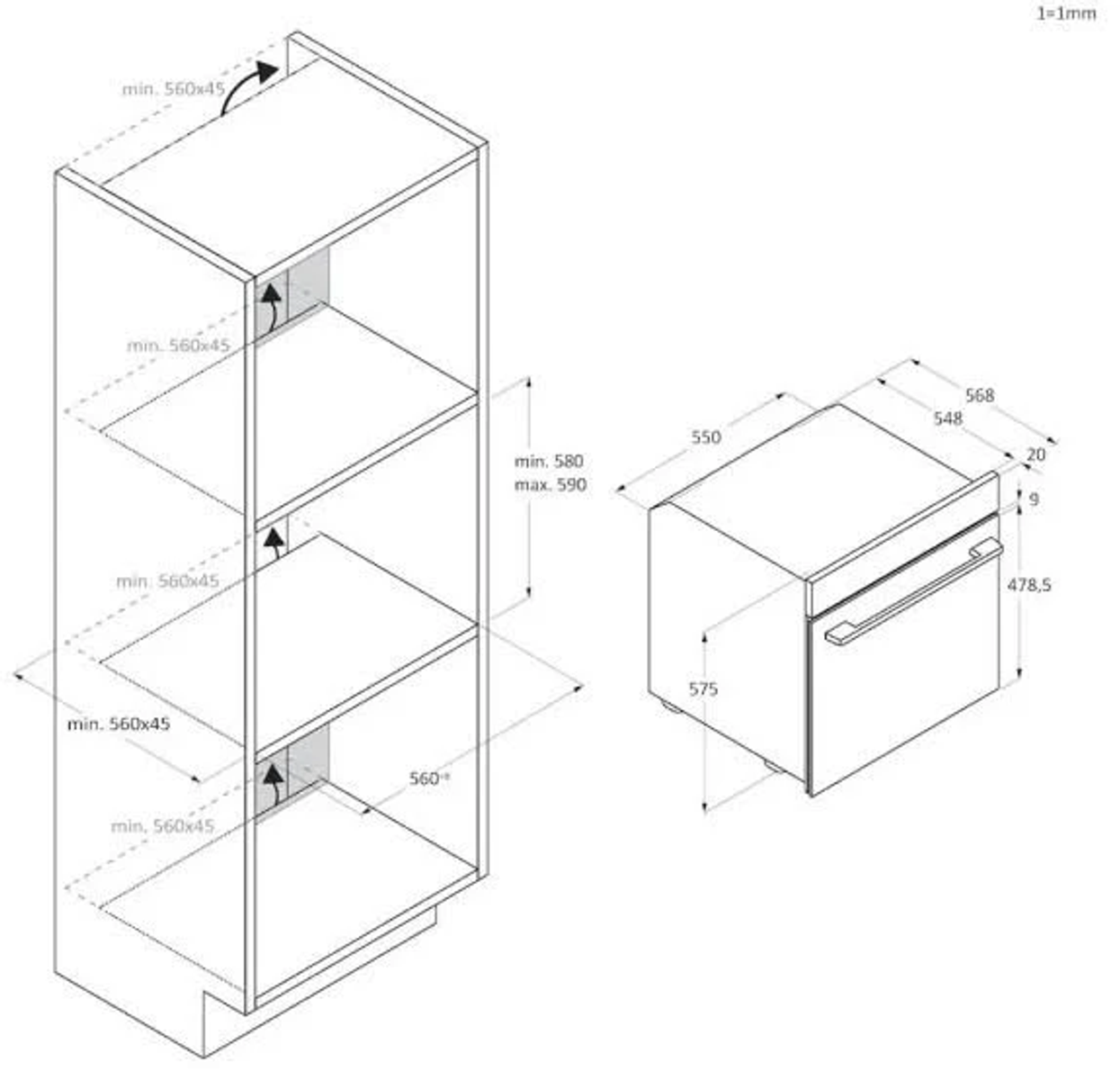 Diagrama de las dimensiones del armario de cocina y el horno. Muestra medidas en mm. Dibujo técnico.