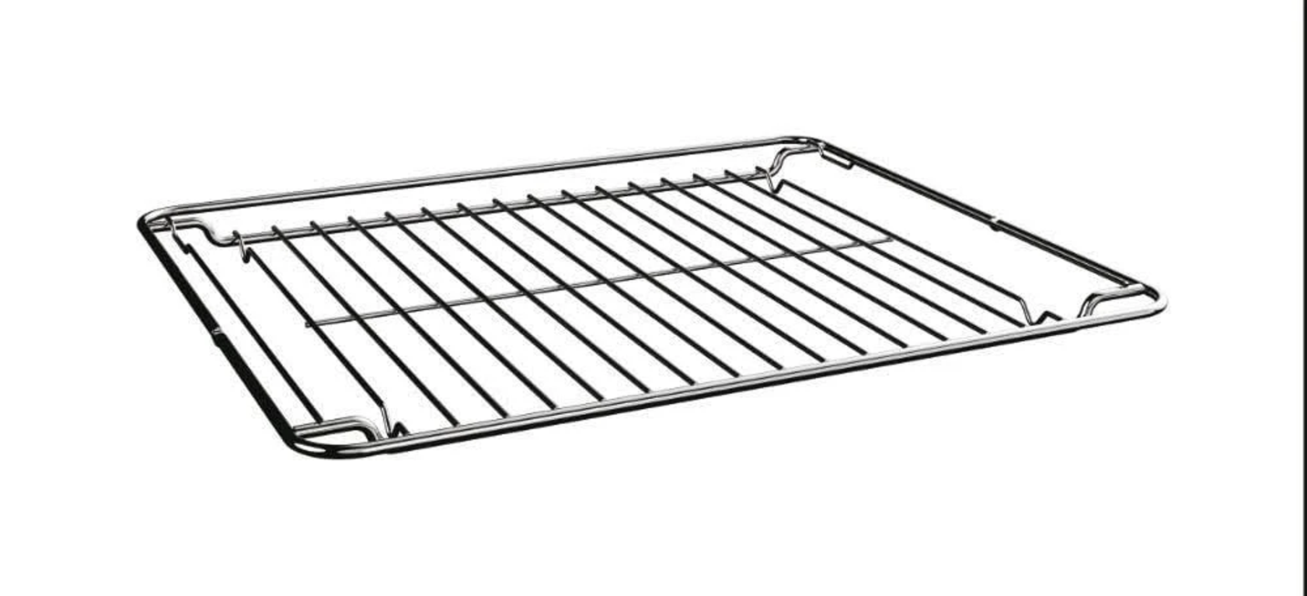 Rejilla metálica de horno, forma rectangular, de alambre. Aislada sobre fondo blanco.