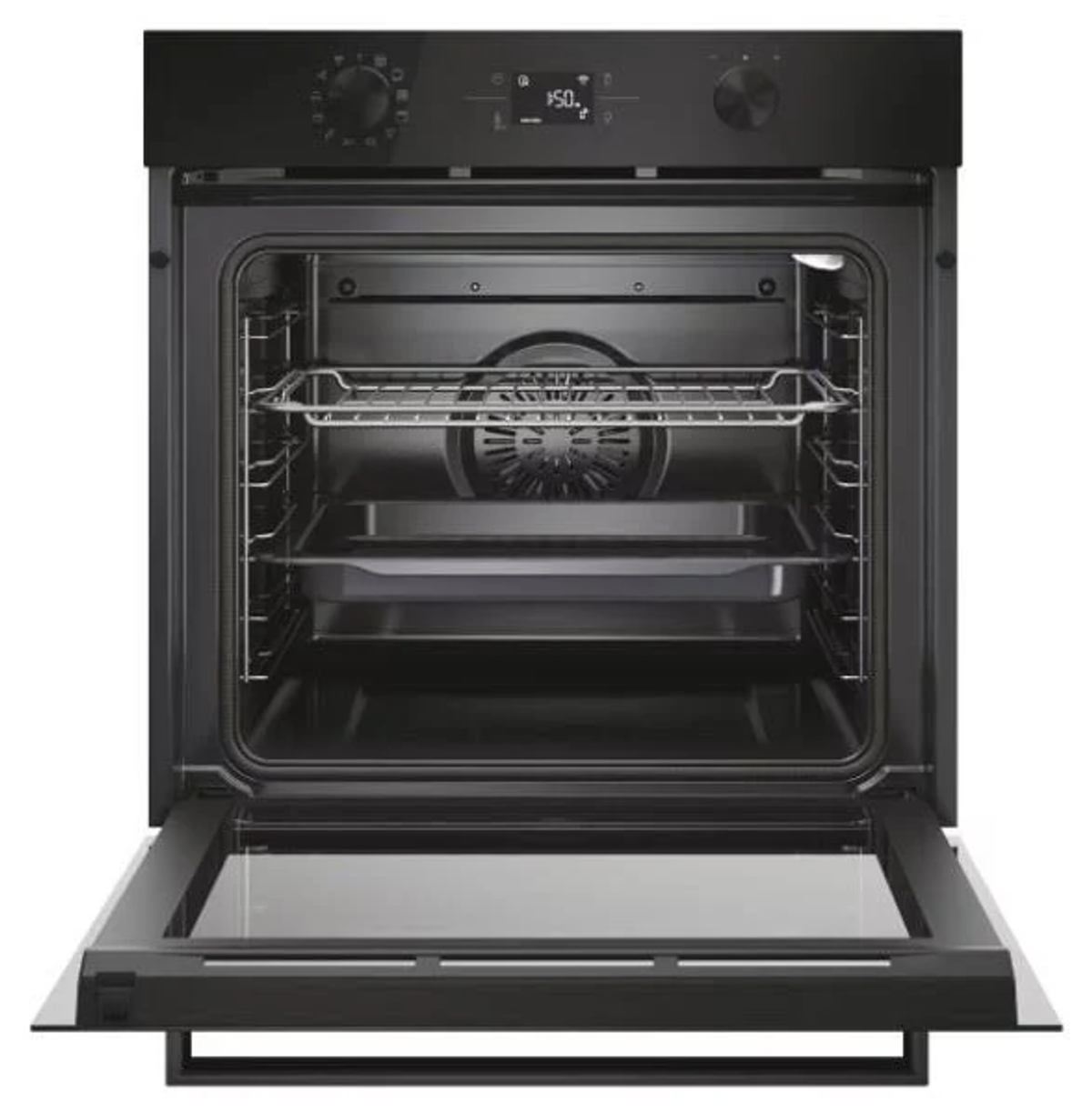 Horno negro con puerta abierta, rejillas y bandeja dentro. Perillas de control y pantalla digital visibles.