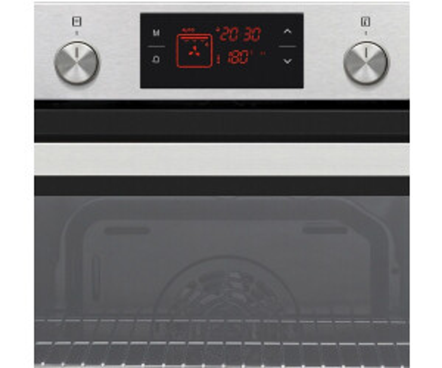Horno con pantalla digital mostrando ajustes. Dos perillas a los lados.