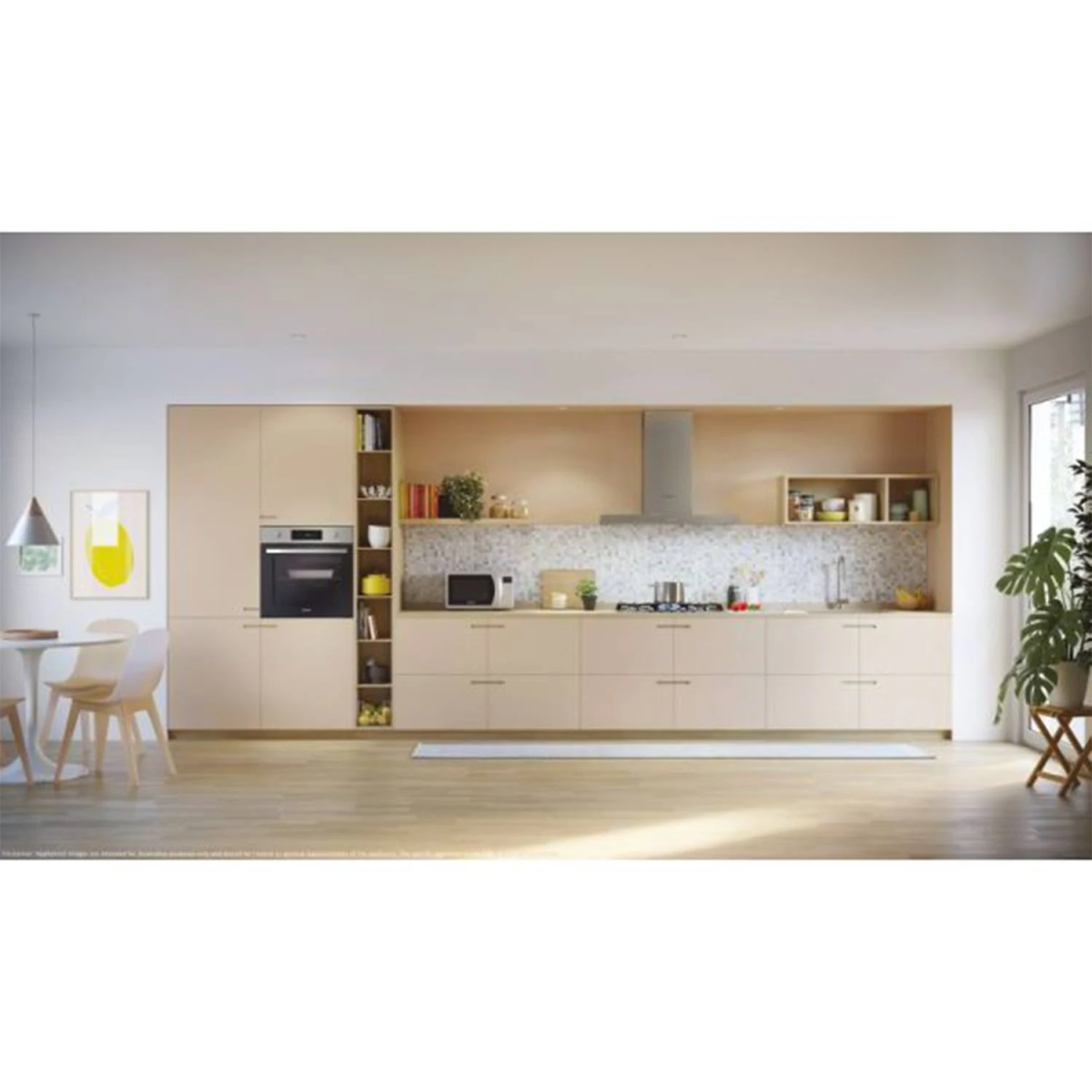 Interno cucina moderna con forno a incasso. Armadi beige, piano di lavoro bianco e dettagli in legno.