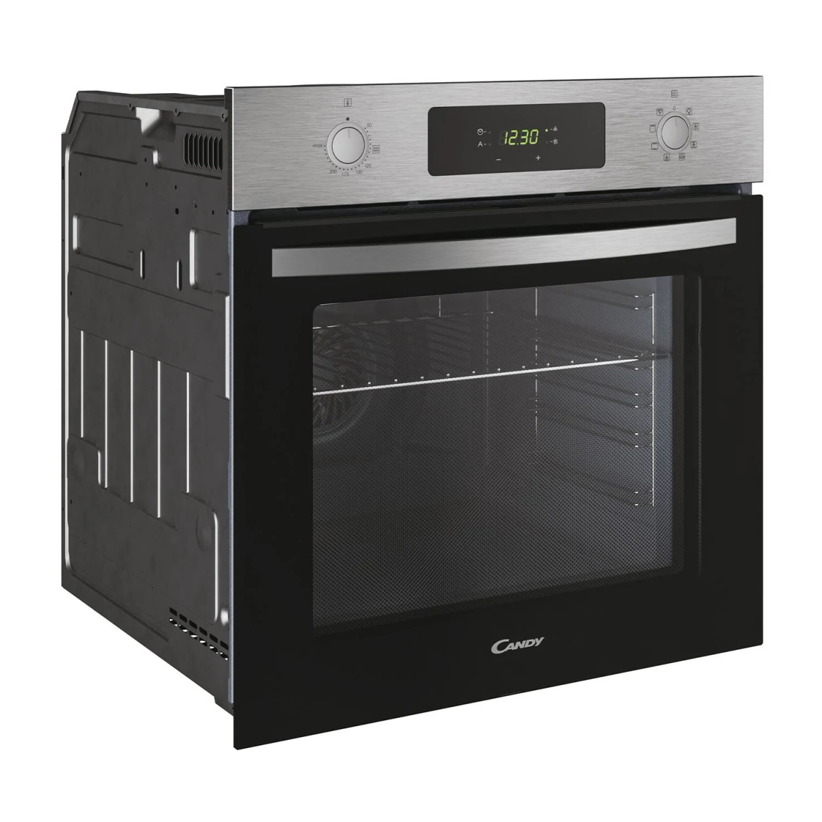 Un forno Candy, che mostra la parte anteriore con un display digitale e manopole.