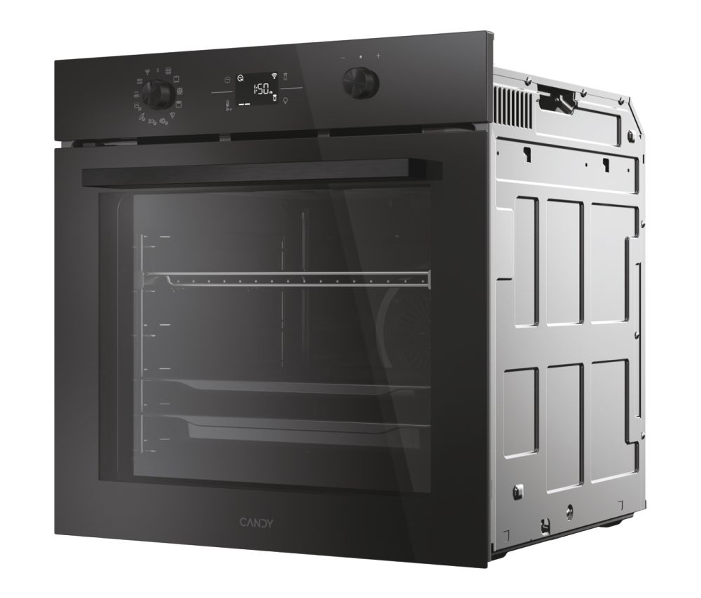 Un horno CANDY negro, visto de lado. Controles arriba, puerta cerrada, y la parte trasera expuesta.