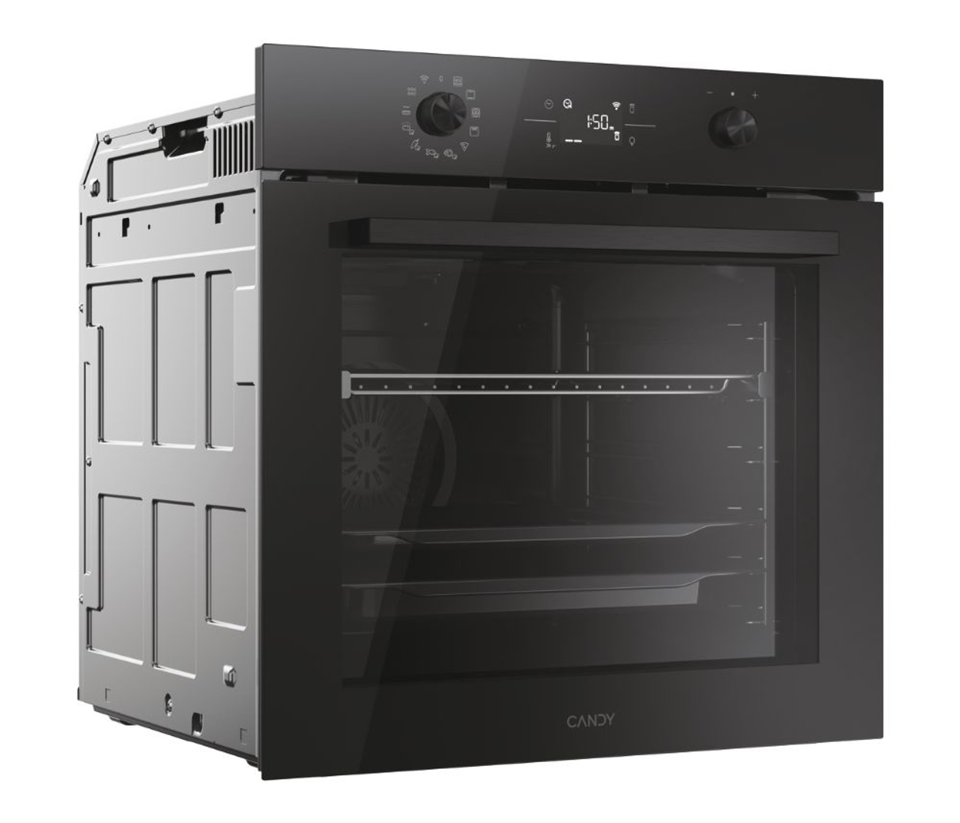 Una vista en ángulo de un horno Candy negro con la puerta cerrada, que muestra los controles y el diseño interior.