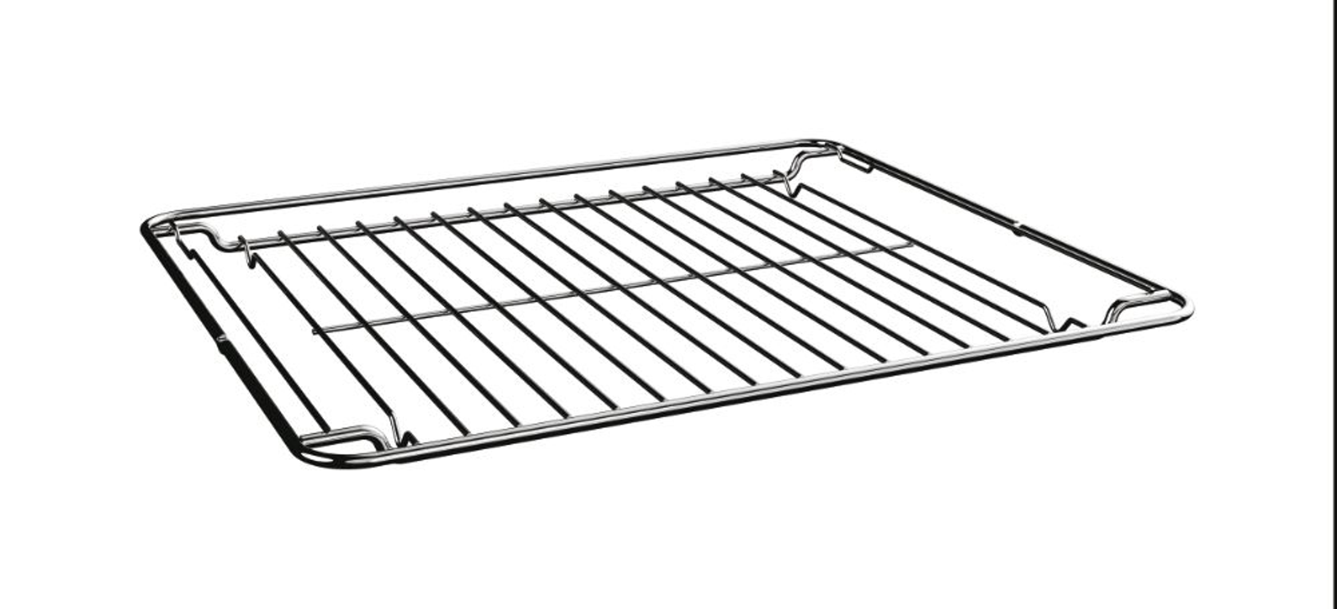 Rejilla de horno de alambre metálico, forma rectangular, color plateado, sobre fondo blanco, diseño simple y limpio.
