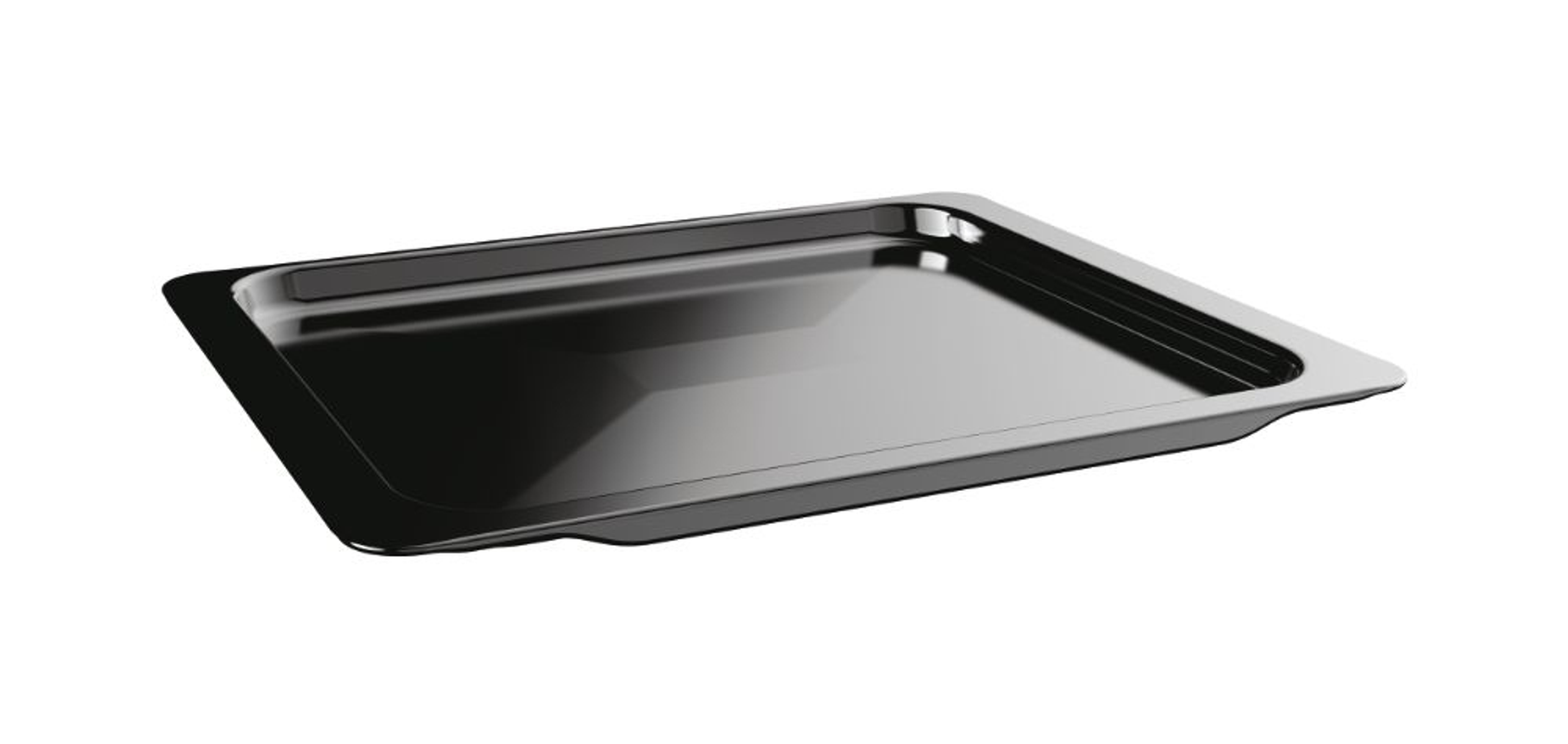 Bandeja de horno rectangular negra con superficie brillante y reflectante.