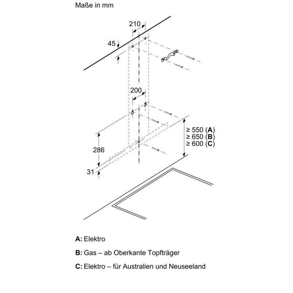 Diagram showing dimensions for electrical installation.