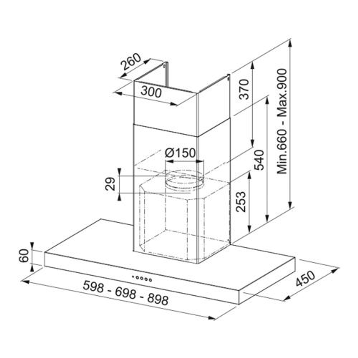 Un dibujo esquemático de una campana extractora con dimensiones indicadas en milímetros.