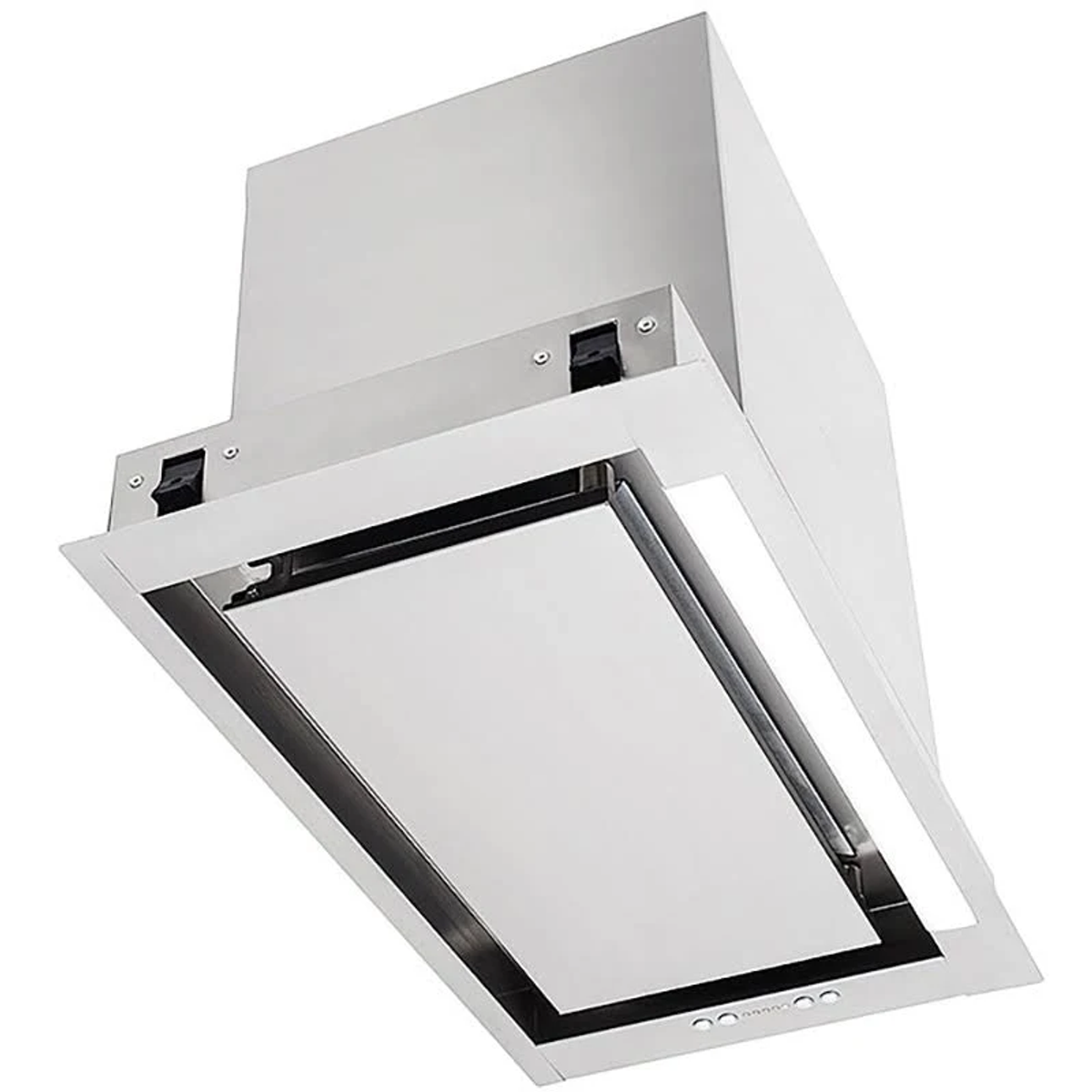 Cappa bianca dal design rettangolare. Ha una luce brillante in basso ed è angolata.