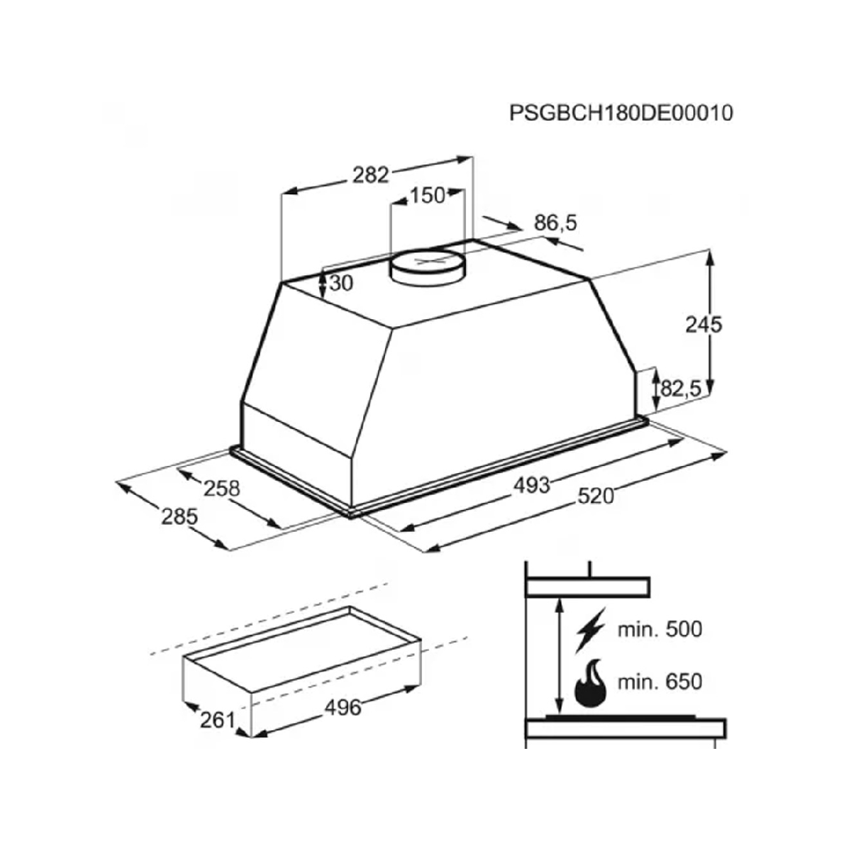 Un disegno tecnico di una cappa aspirante con dimensioni e misure. La cappa si trova in un ambiente cucina.