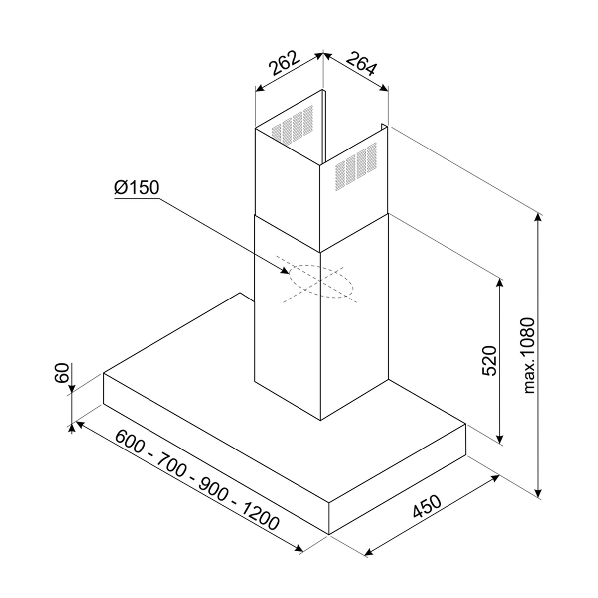 Un diagramma con le dimensioni di una cappa. Sfondo bianco.