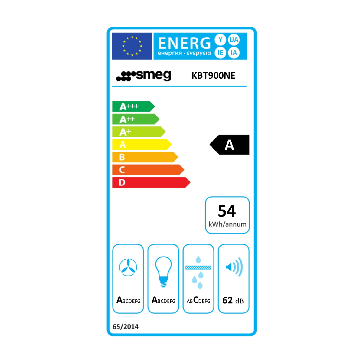 Etichetta energetica per SMEG KBT900NE, sfondo bianco.