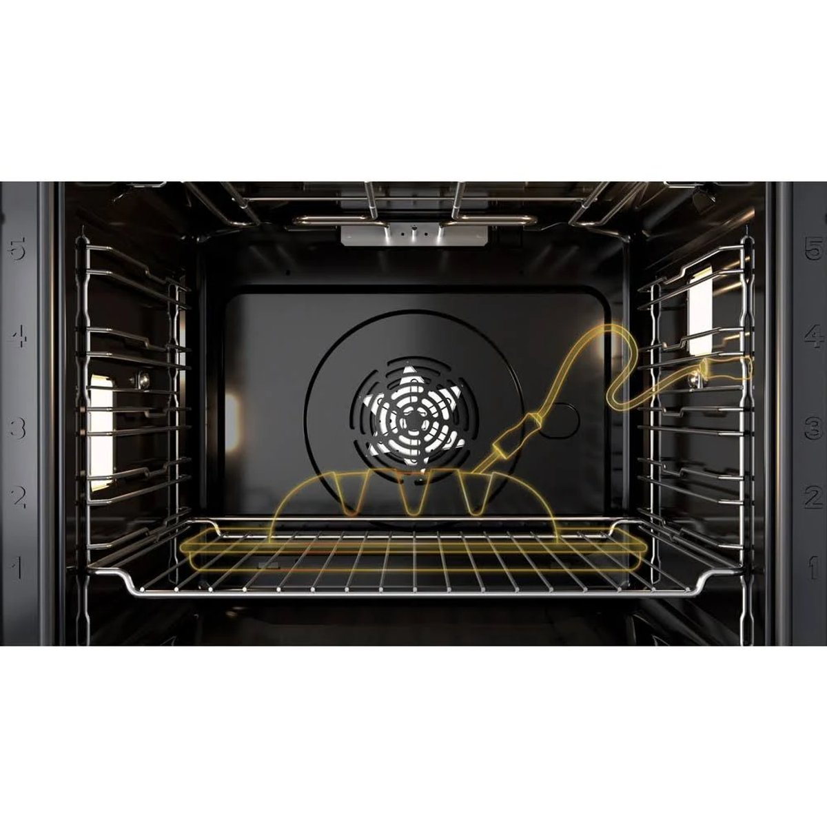 Interior de un horno con ventilador, rejilla y bandeja con ilustración de pan.