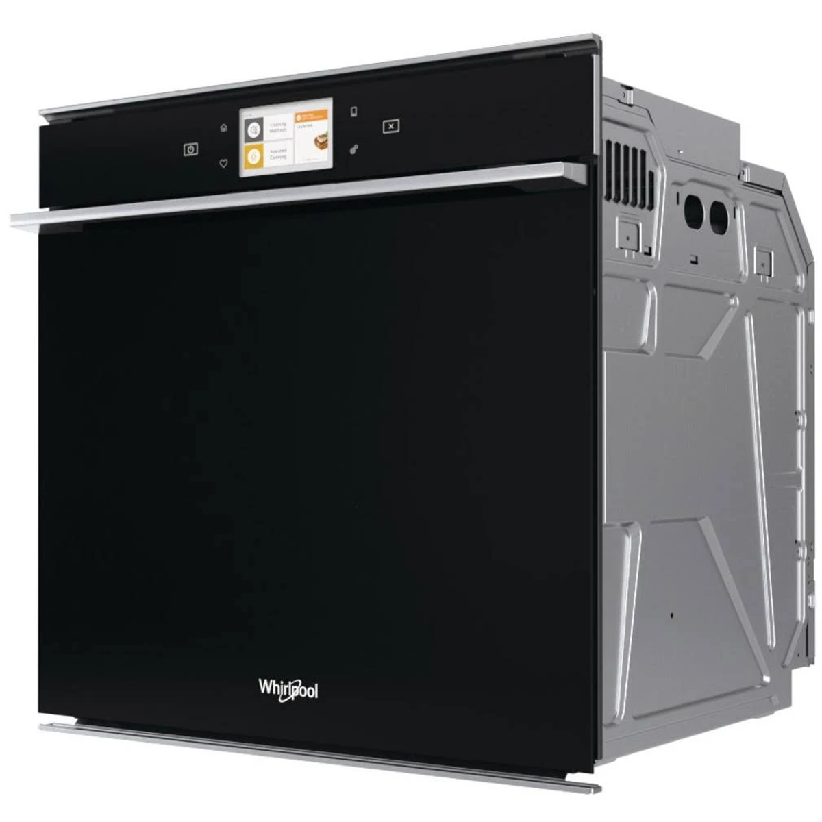 Un horno Whirlpool con pantalla. Es negro y plateado, con una interfaz digital.