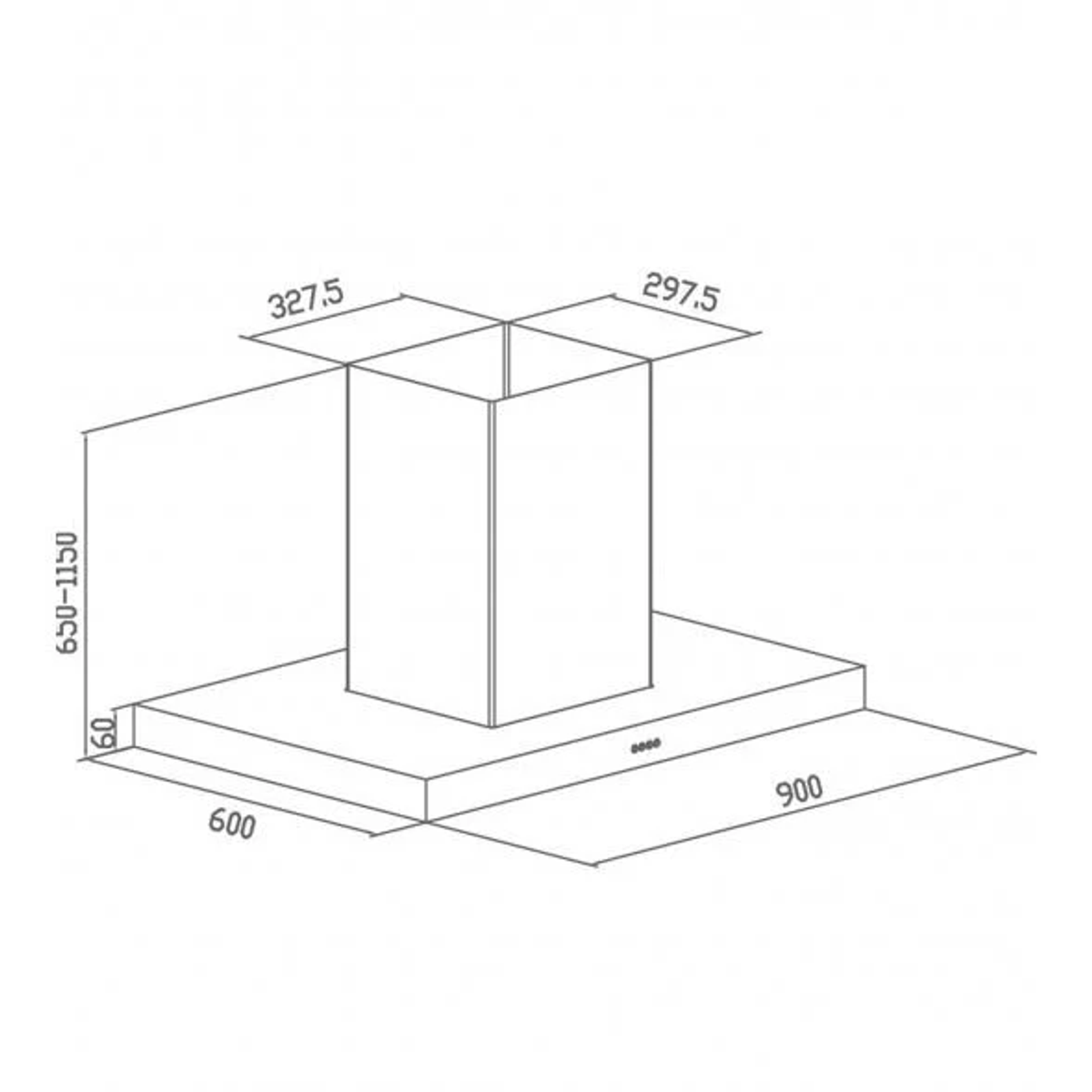 Disegno tecnico di una cappa da cucina con dimensioni in millimetri.