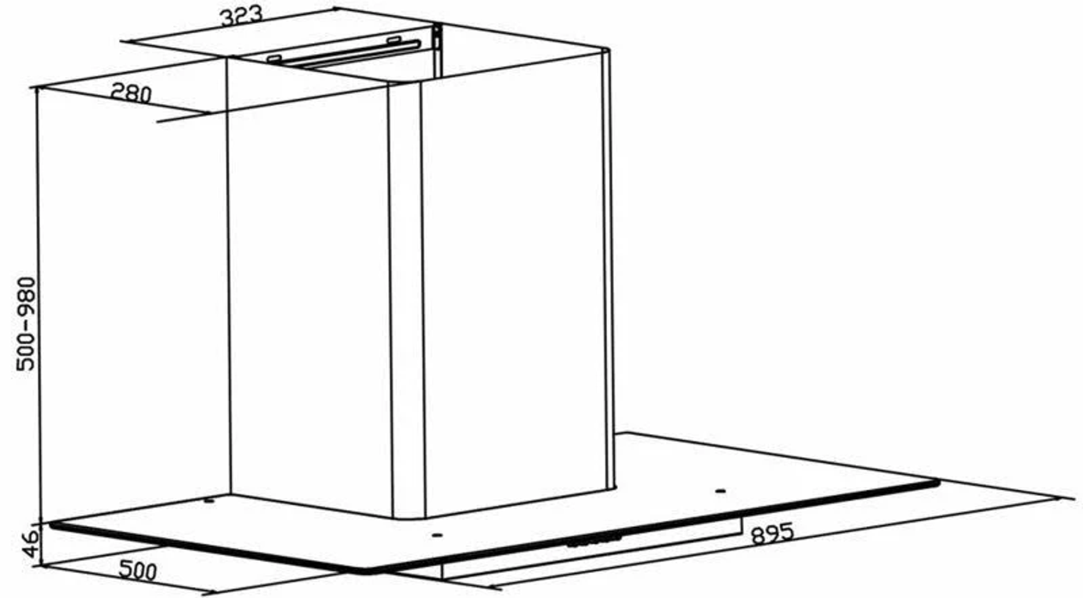 Schema di una cappa da cucina con dimensioni.