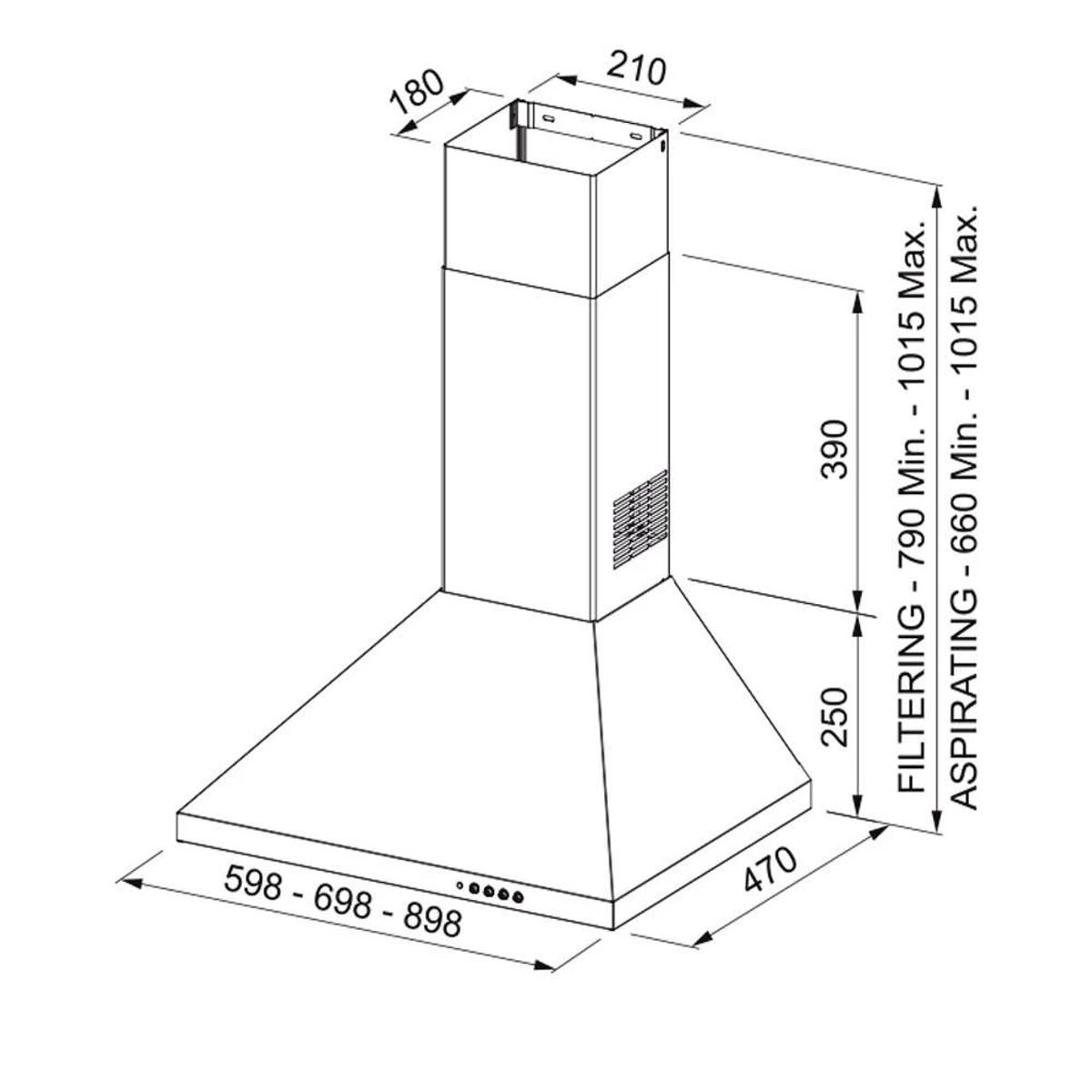 Dibujo técnico de campana extractora con dimensiones.