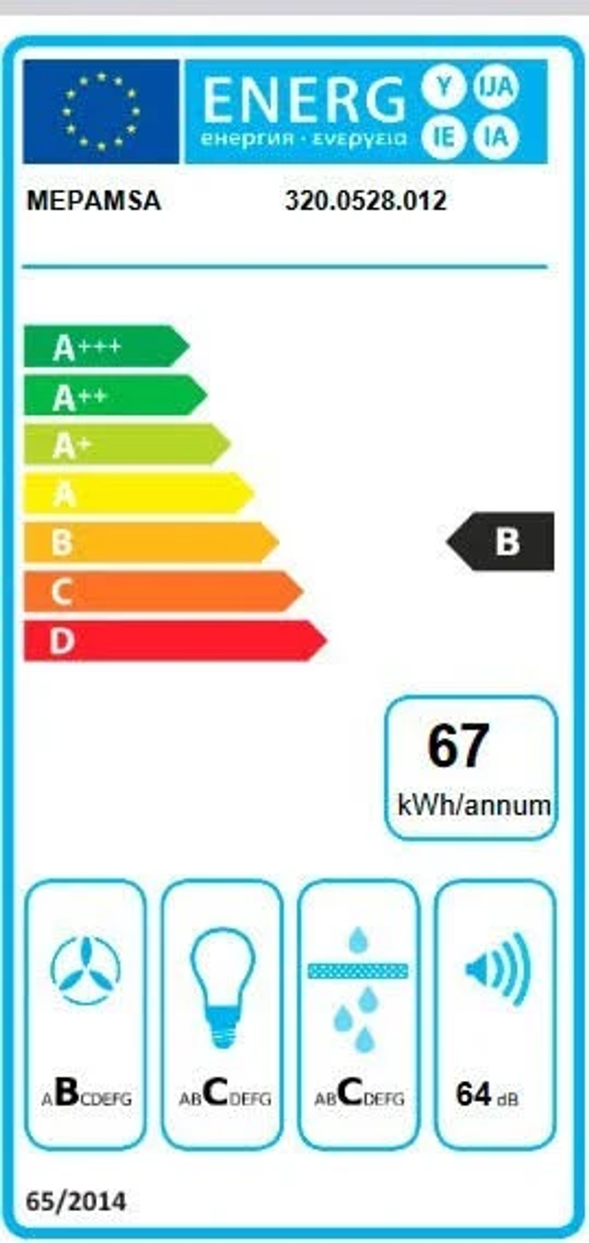 Etiqueta energética para un electrodoméstico MEPAMSA con clasificaciones y cifras de eficiencia energética.