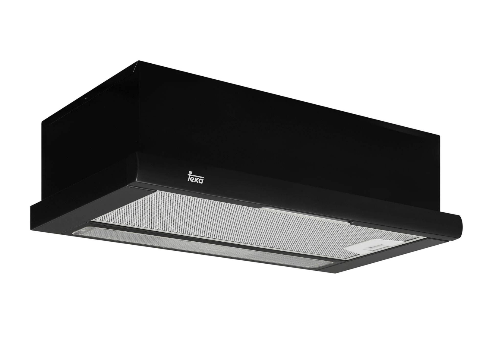 Czarny okap, zamontowany pod szafką. Posiada filtr siatkowy i elegancki, nowoczesny design.