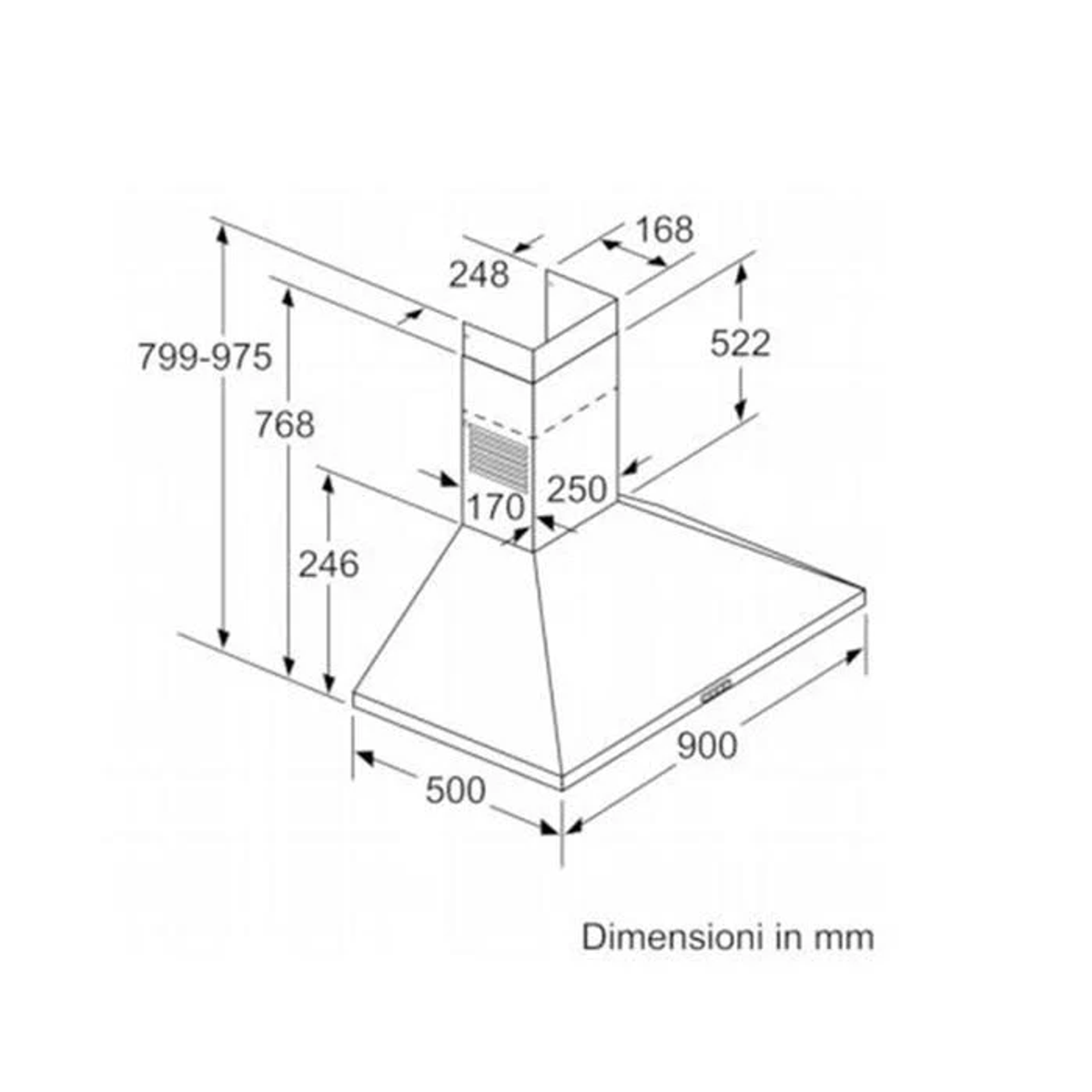 Diagramma di una cappa aspirante con dimensioni in millimetri.