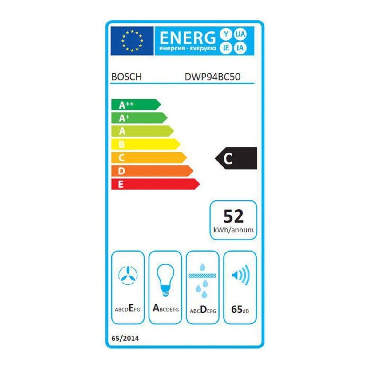Etichetta energetica per una cappa Bosch. Mostra le classificazioni di efficienza energetica e i dettagli.