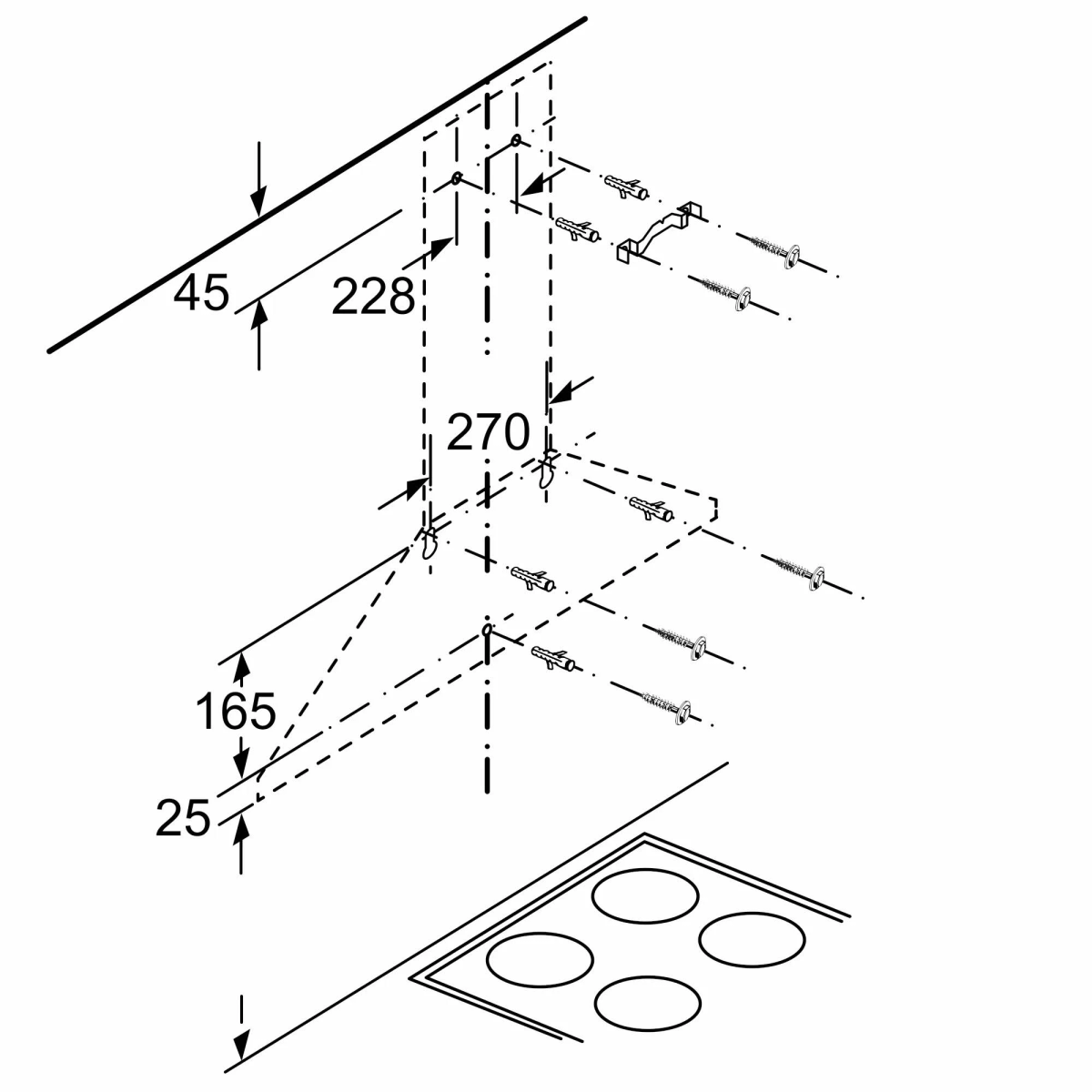Un diagramma schematico che mostra l'installazione di una cappa da cucina con dimensioni in millimetri e posizionamento delle viti.
