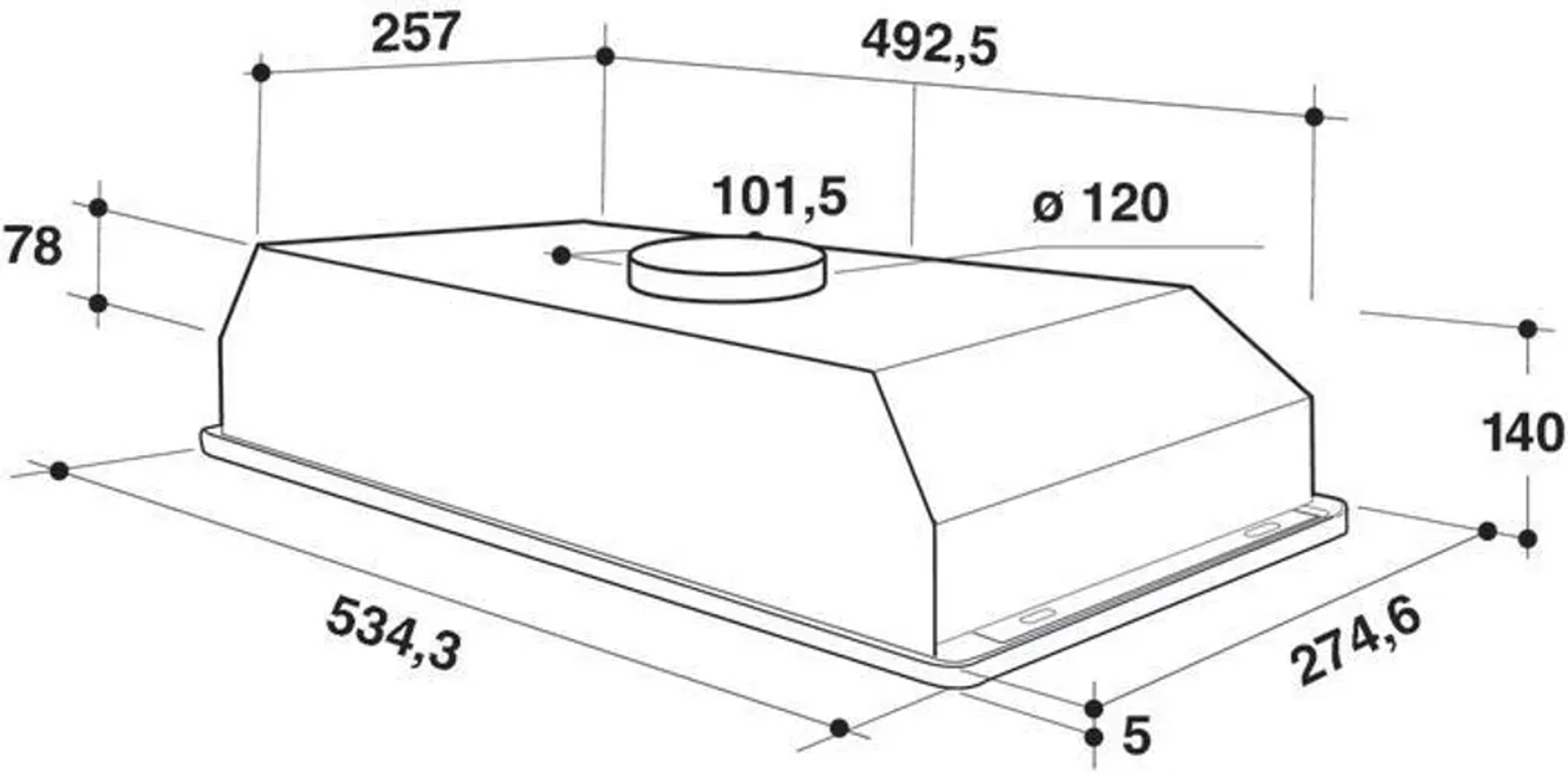Rysunek techniczny okapu kuchennego, pokazujący wymiary w milimetrach. Obiekt jest w skali szarości.