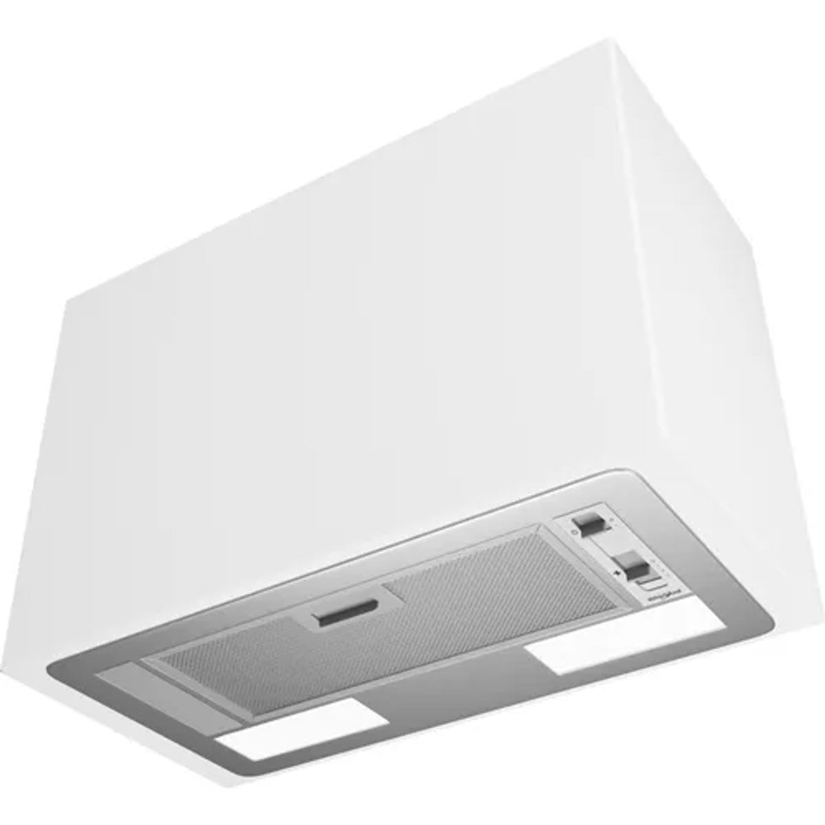 Biały okap kuchenny z panelem ze stali nierdzewnej. Posiada elementy sterujące i filtr siatkowy. Nowoczesny sprzęt kuchenny.