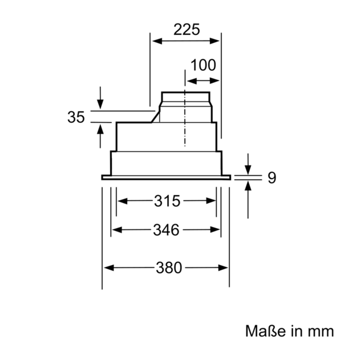 Rysunek techniczny okapu kuchennego z wymiarami w milimetrach.
