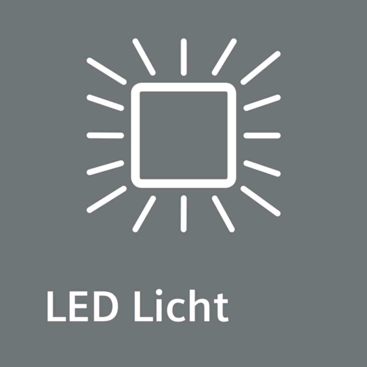 Grafika kwadratu z promieniami światła i tekstem 'LED Licht' na szarym tle. To symbol światła LED.