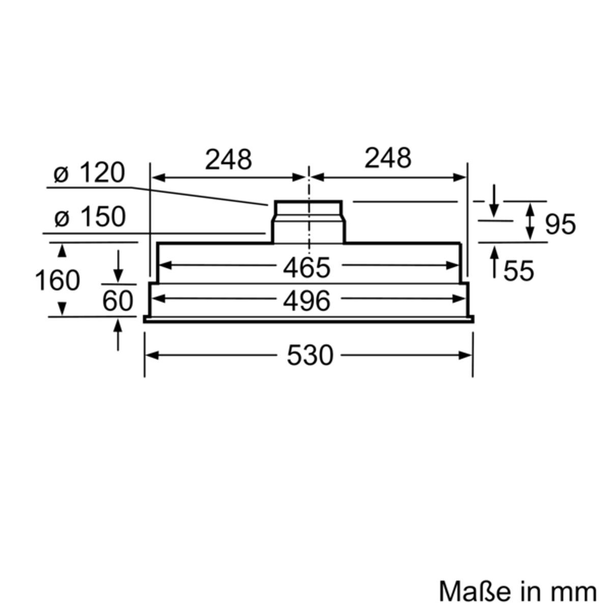 Disegno tecnico che mostra le dimensioni di una cappa da cucina, con misure in mm.