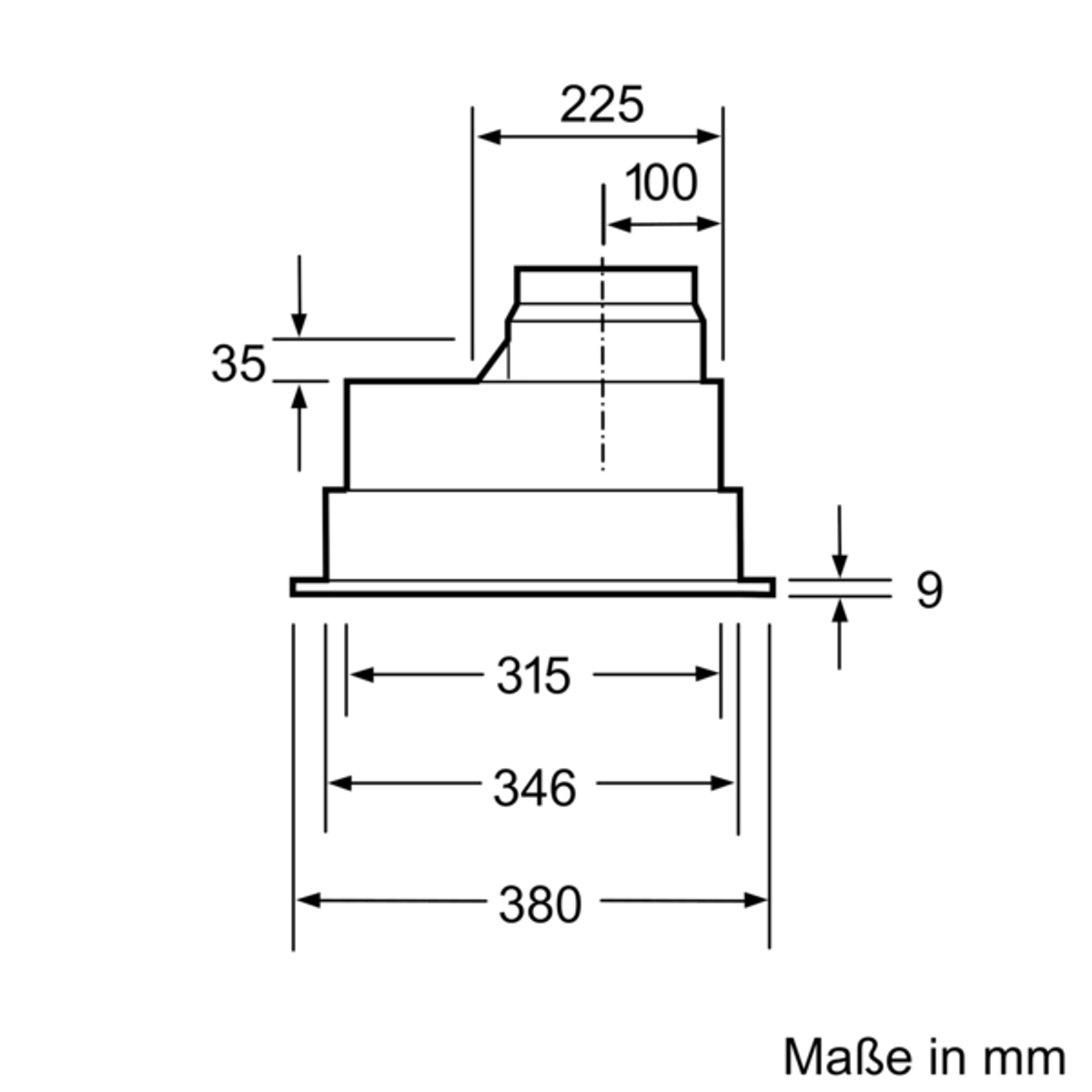 Disegno tecnico di una cappa rettangolare con dimensioni in millimetri.
