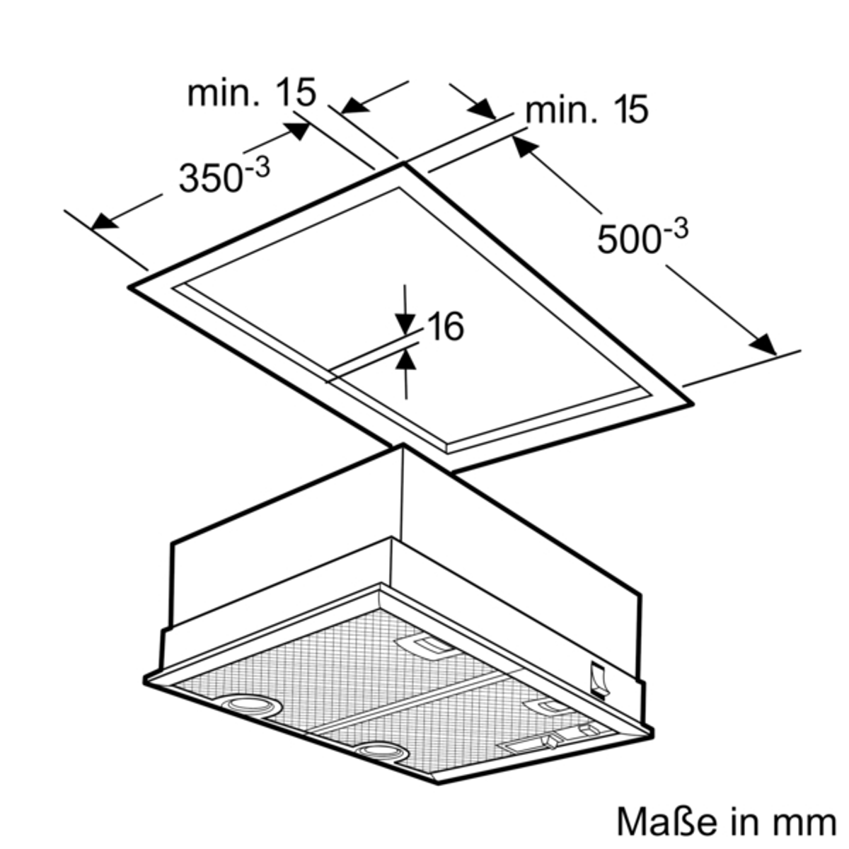 Disegno tecnico che mostra una cappa da una prospettiva dall'alto con dimensioni.