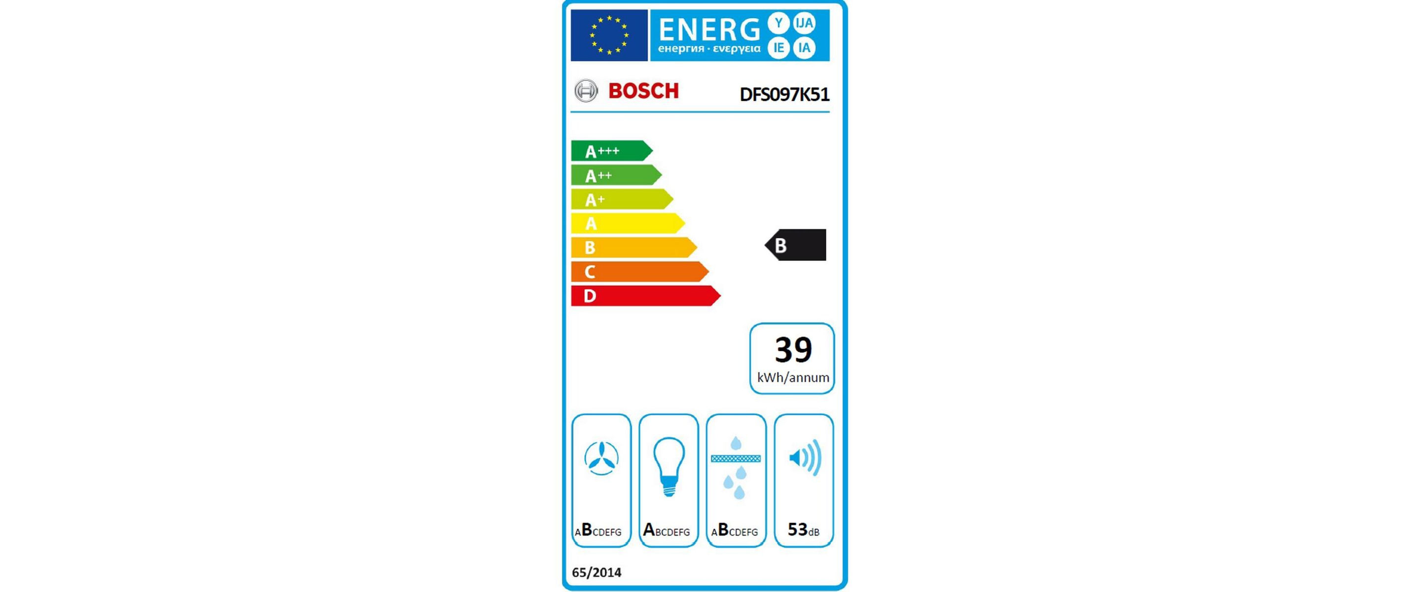 Etiqueta energética para un horno Bosch. Muestra clasificaciones de eficiencia, consumo y nivel de ruido.