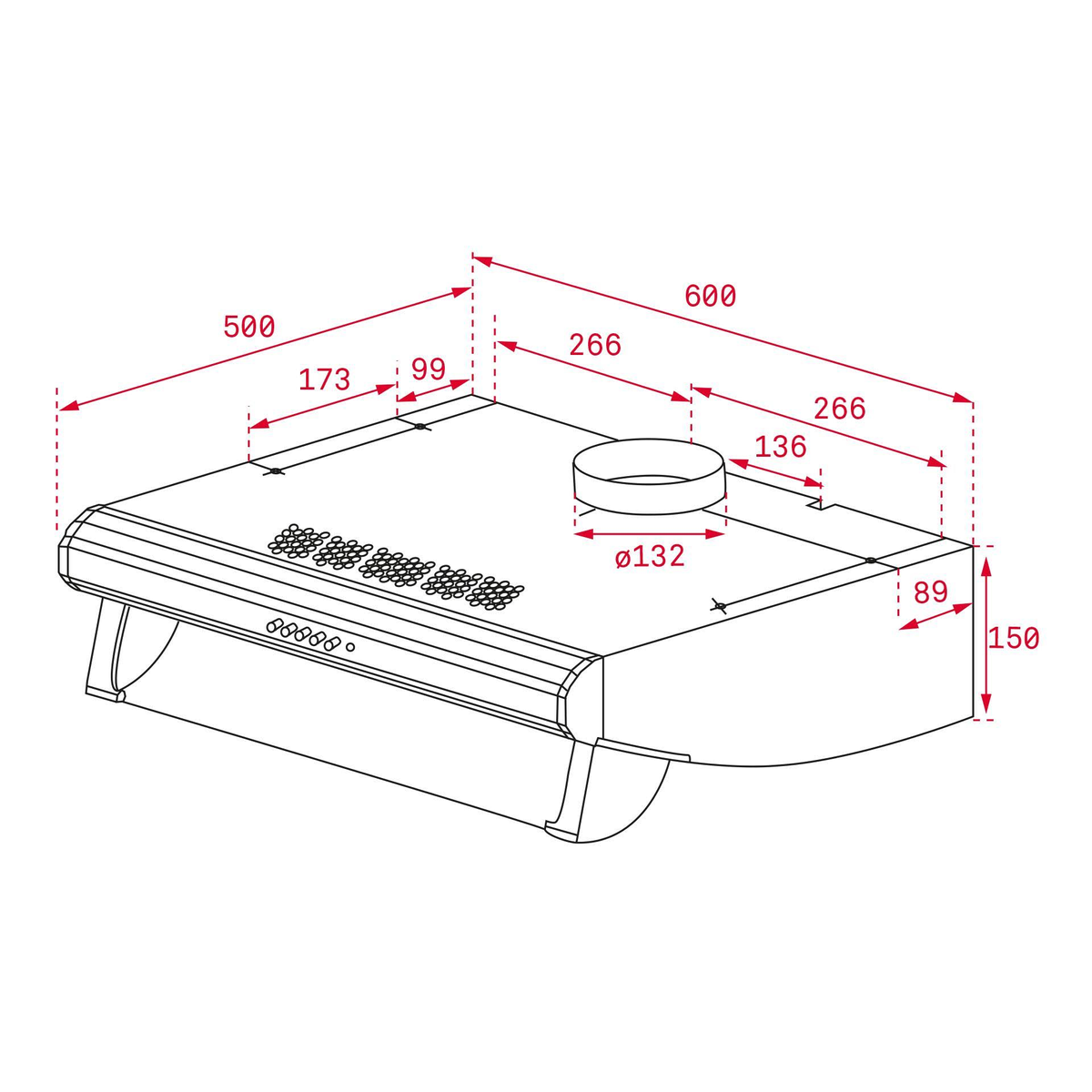 Disegno tecnico di una cappa aspirante, con dimensioni in mm. Rettangolare.