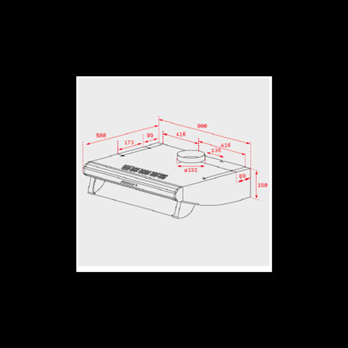 Un disegno tecnico di una cappa aspirante con dimensioni in millimetri. Vista prospettica.