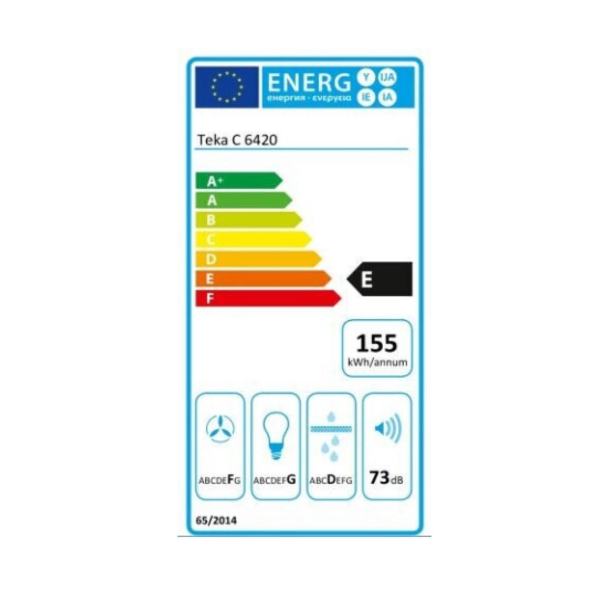 Un'etichetta energetica per un forno Teka, che mostra informazioni sull'efficienza energetica, con una valutazione 'E'.