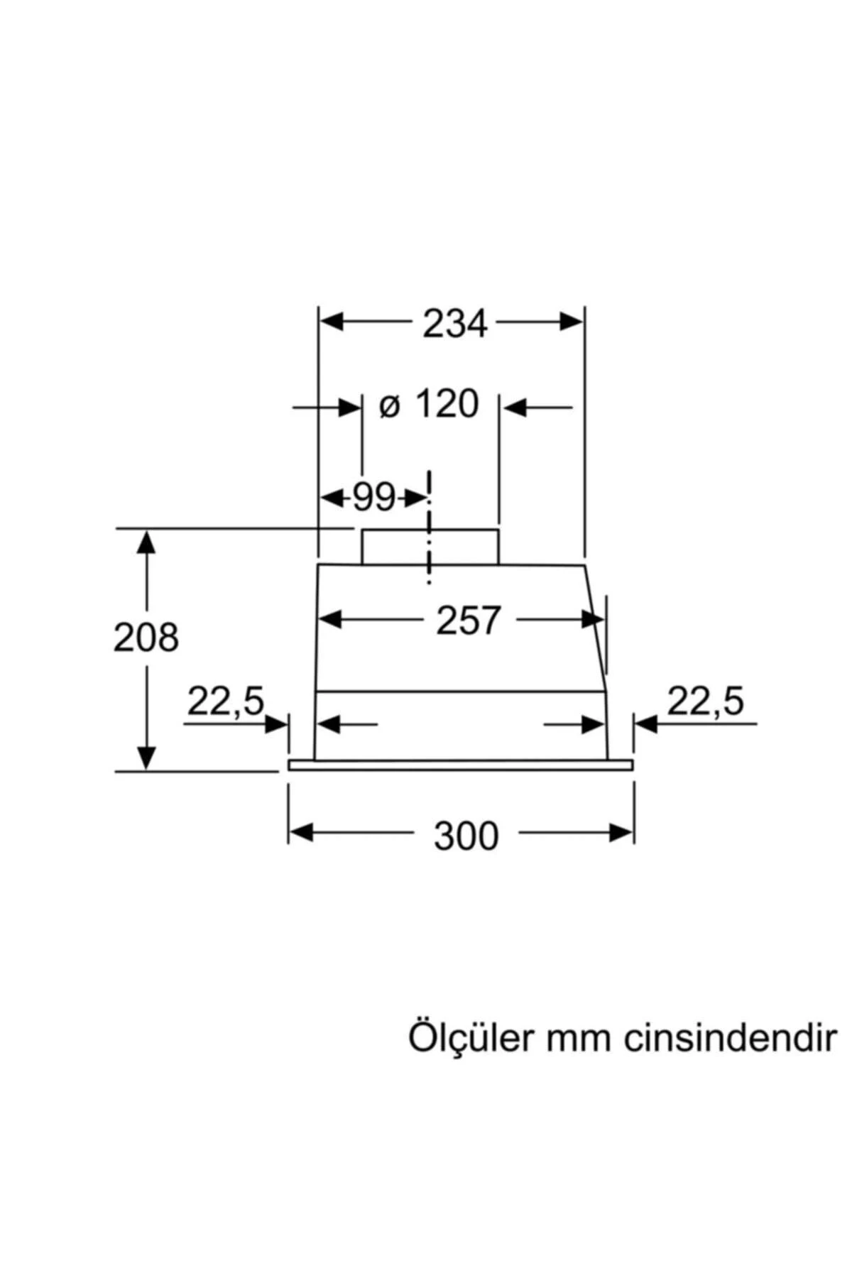 Mutfak davlumbazının teknik çizimi, milimetre cinsinden ölçülerle.