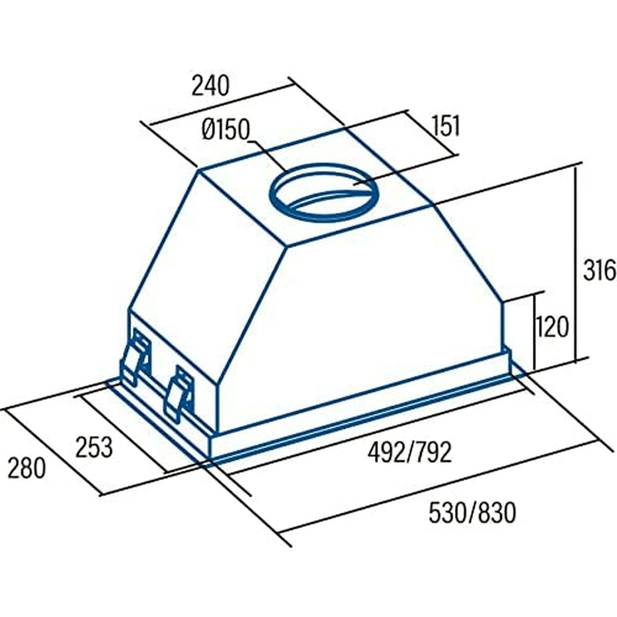 Dibujo técnico de una campana extractora con dimensiones.